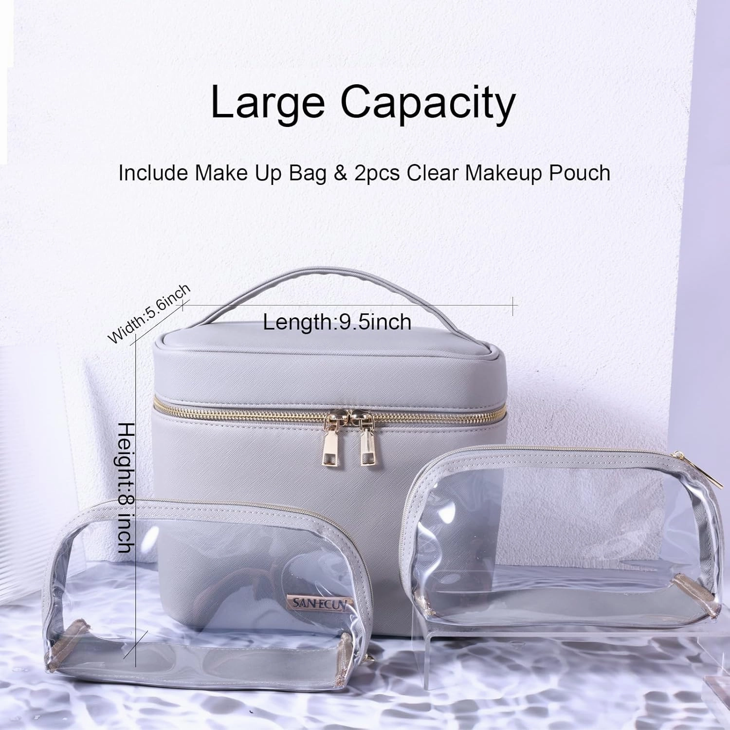 SANHECUN Travel Cosmetic Makeup Essentials Bag case Brush Case Wash Bag Cosmetic Pouch Set Organization (3, Grey)