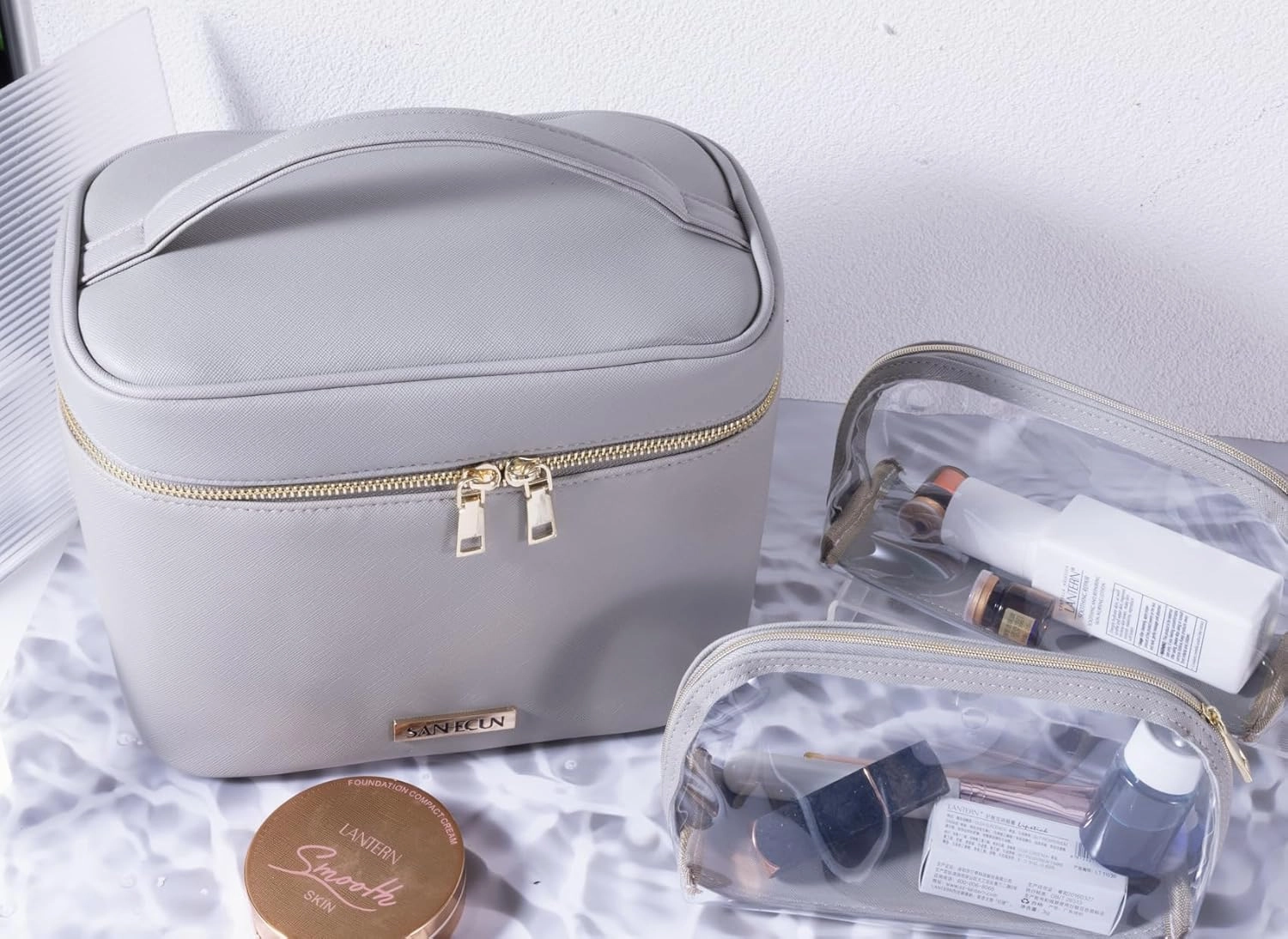 SANHECUN Travel Cosmetic Makeup Essentials Bag case Brush Case Wash Bag Cosmetic Pouch Set Organization (3, Grey)