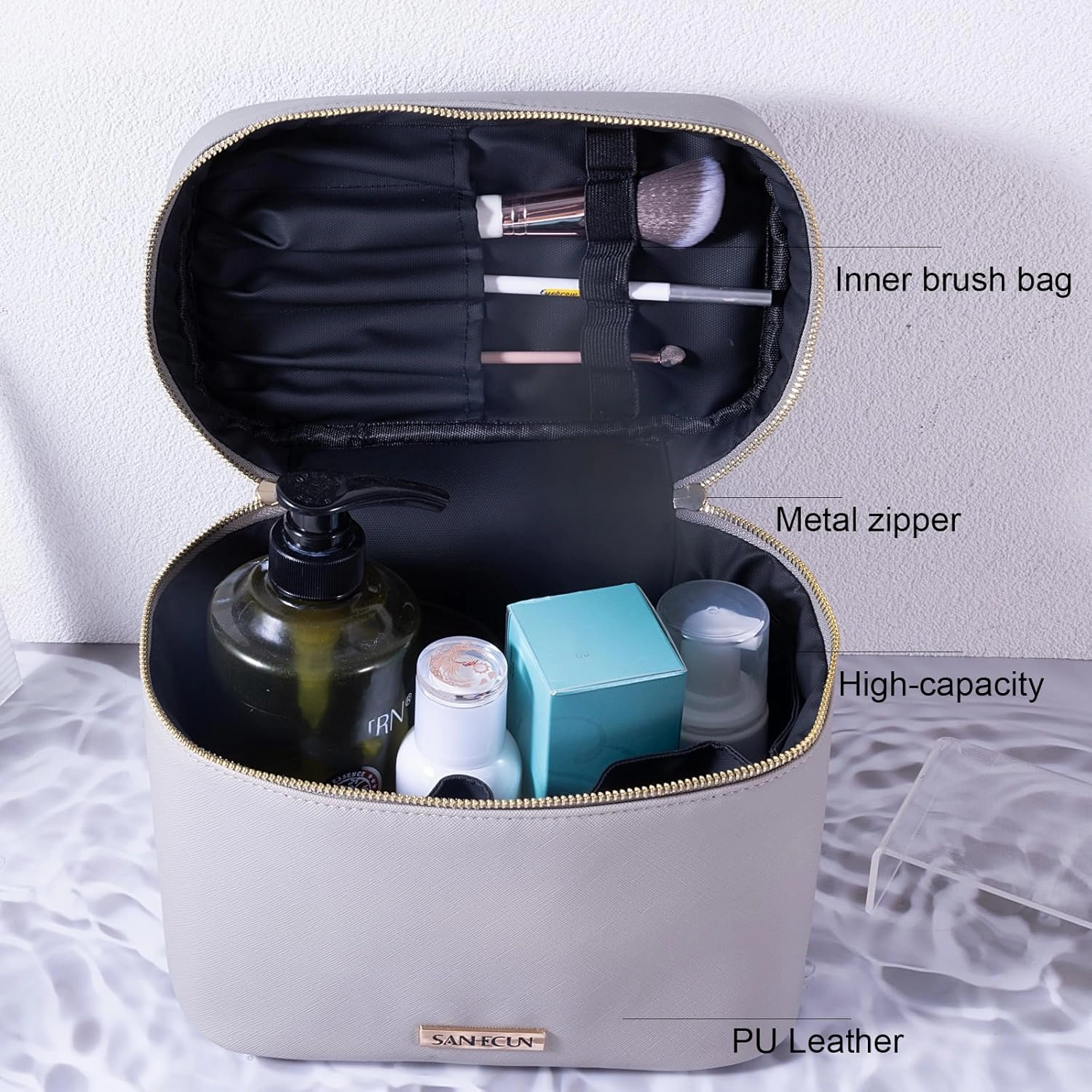 SANHECUN Travel Cosmetic Makeup Essentials Bag case Brush Case Wash Bag Cosmetic Pouch Set Organization (3, Grey)