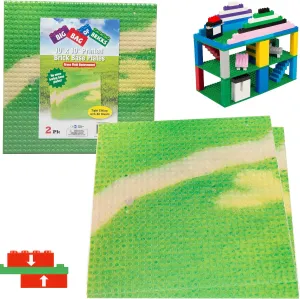 SCS Direct Brick Building Blocks 10x10 Large Baseplates - Grassy Field - 2 Pack - Dual Sided Base Plates Connect Top & Bottom for Better Builds - Works w Activity Tables, Tight fit Major Brick Brands