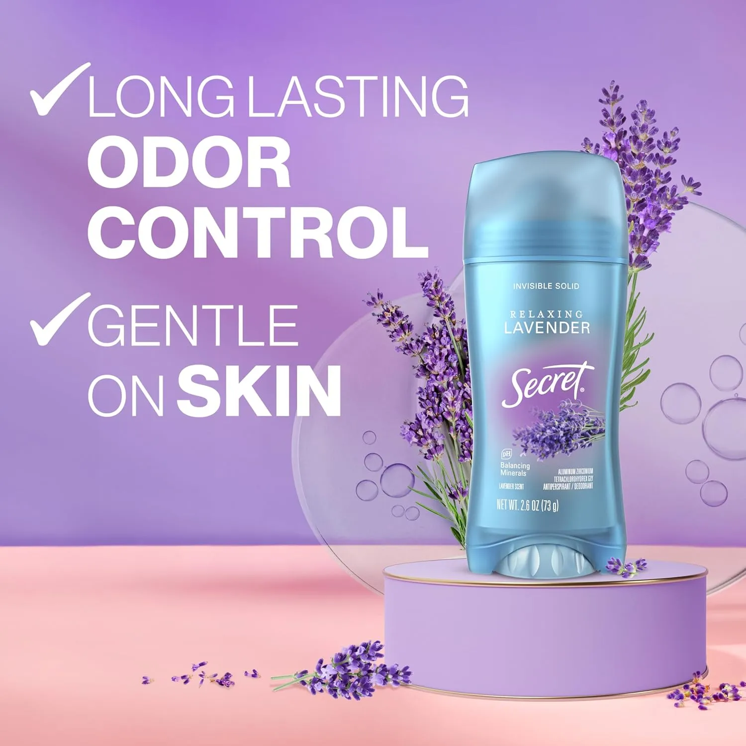 Secret Fresh Antiperspirant Deodorant for Women, 72hr Breathable Sweat & Odor Protection, Instant Freshness & Gentle, PH Balancing Mineral, Invisible Solid, Relaxing Lavender Scent, 2.6 oz (Pack of 3)