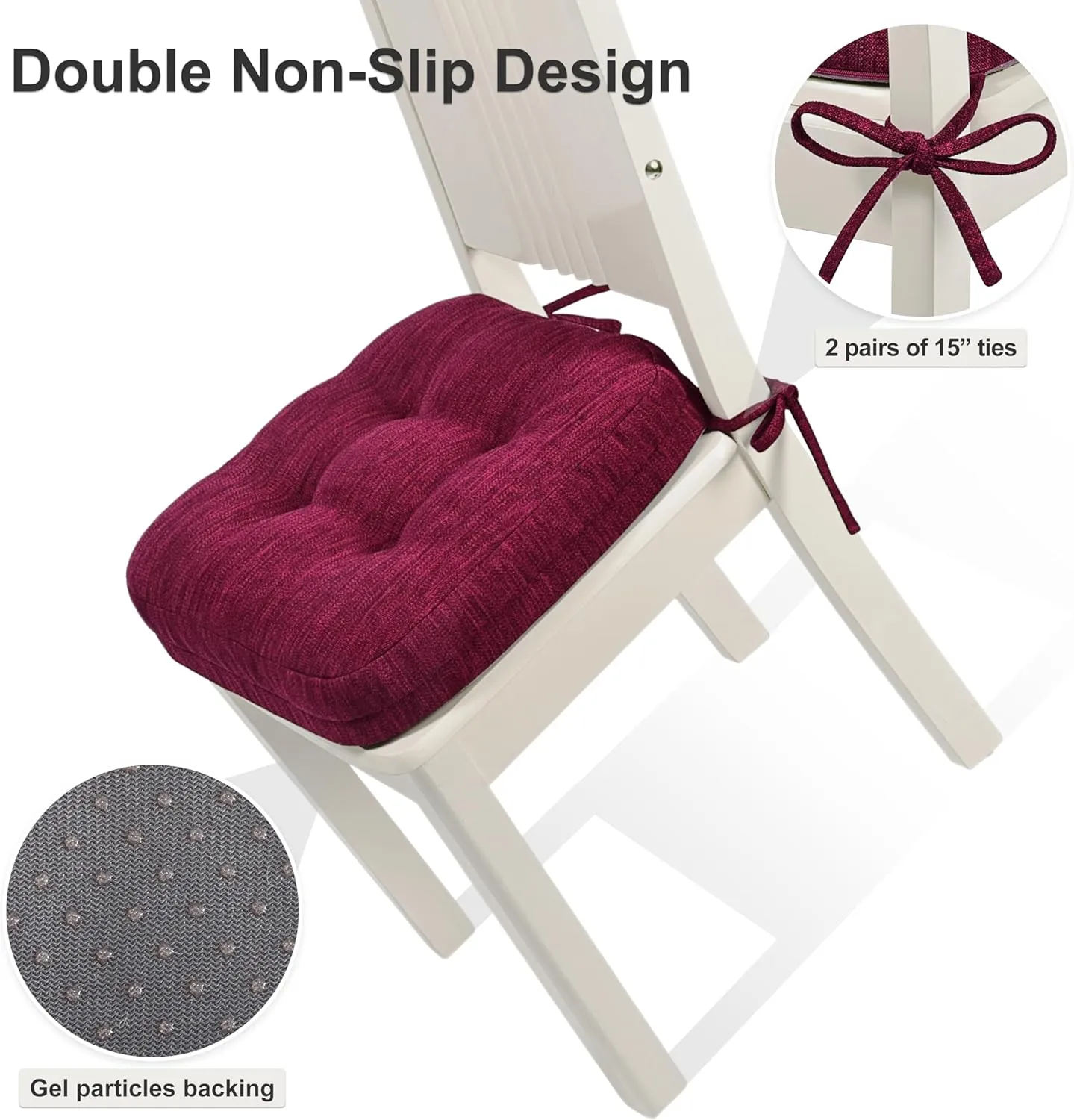 Shinnwa Dining Chair Cushions Set of 4, Dual-Layer Memory Foam Kitchen Chair Cushions, Patented Design Seat Pads with Ties, 16.5 x 16.5 x 3.5in, 4 Pack, Burgundy