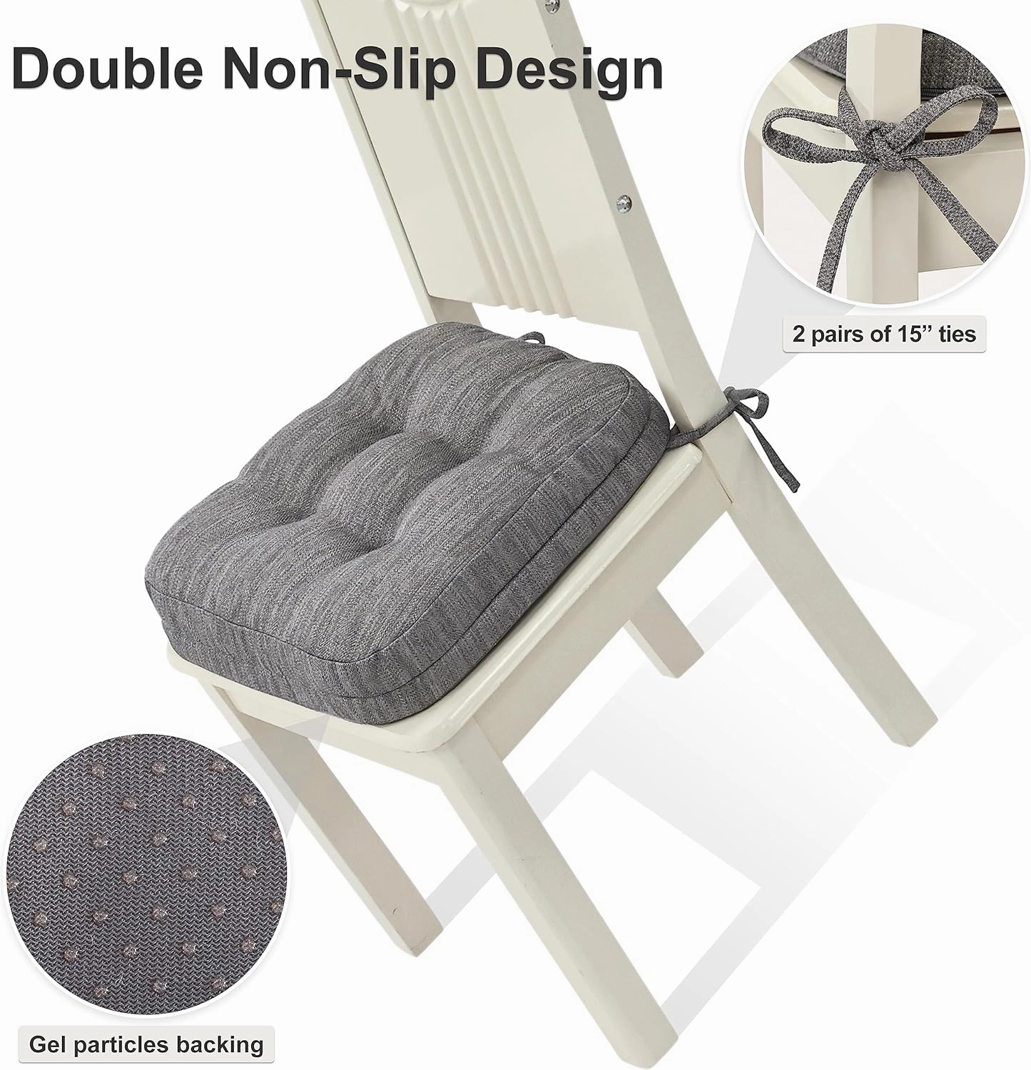Shinnwa Kitchen Chair Cushions Set of 4, Dual-Layer Memory Foam Dining Chair Cushions, Patented Design Seat Pads with Ties, 16.5 x 16.5 x 3.5in, 4 Pack, Grey