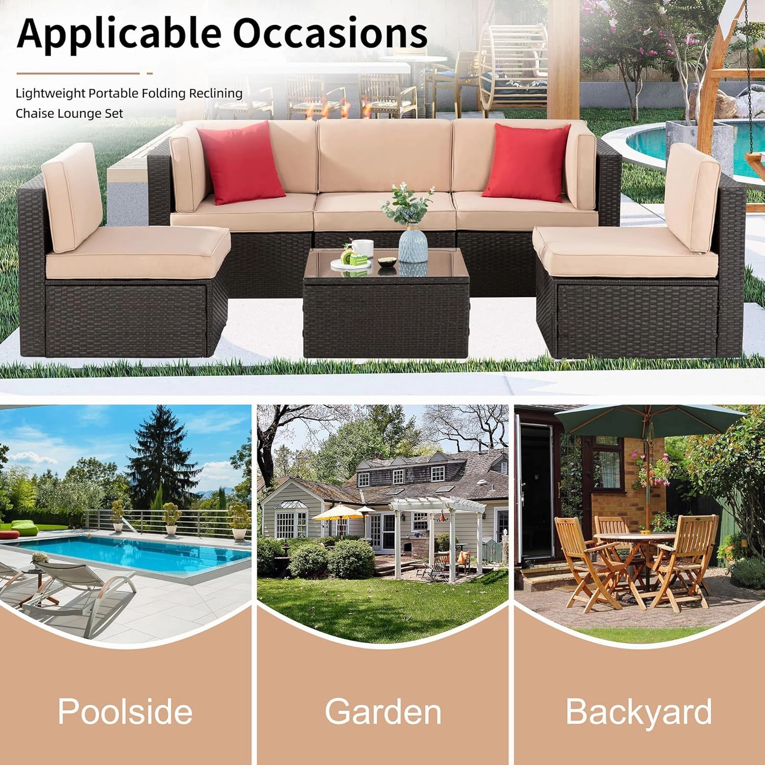 Shintenchi 6 Pieces Patio Furniture Sets Outdoor All-Weather Sectional Patio Sofa Set PE Rattan Manual Weaving Wicker Patio Conversation Set with Glass Table&Ottoman Cushion and Red Pillows, Beige