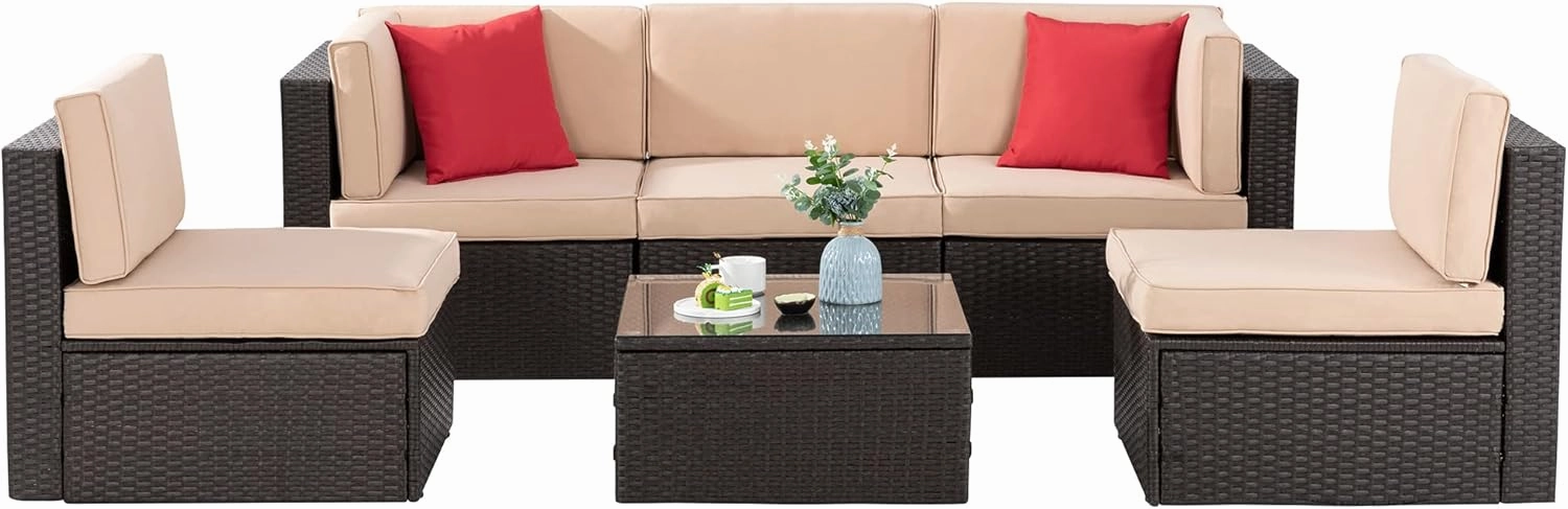 Shintenchi 6 Pieces Patio Furniture Sets Outdoor All-Weather Sectional Patio Sofa Set PE Rattan Manual Weaving Wicker Patio Conversation Set with Glass Table&Ottoman Cushion and Red Pillows, Beige