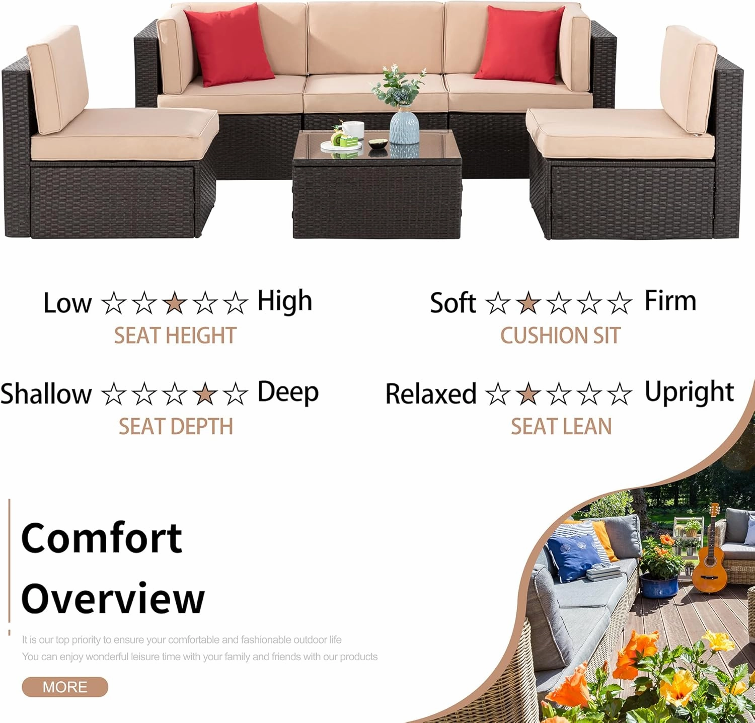 Shintenchi 6 Pieces Patio Furniture Sets Outdoor All-Weather Sectional Patio Sofa Set PE Rattan Manual Weaving Wicker Patio Conversation Set with Glass Table&Ottoman Cushion and Red Pillows, Beige
