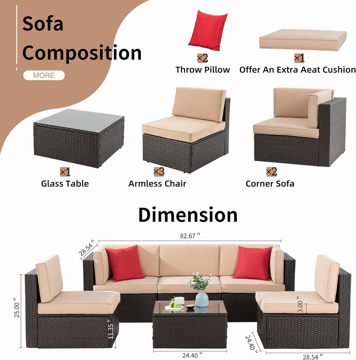 Shintenchi 6 Pieces Patio Furniture Sets Outdoor All-Weather Sectional Patio Sofa Set PE Rattan Manual Weaving Wicker Patio Conversation Set with Glass Table&Ottoman Cushion and Red Pillows, Beige