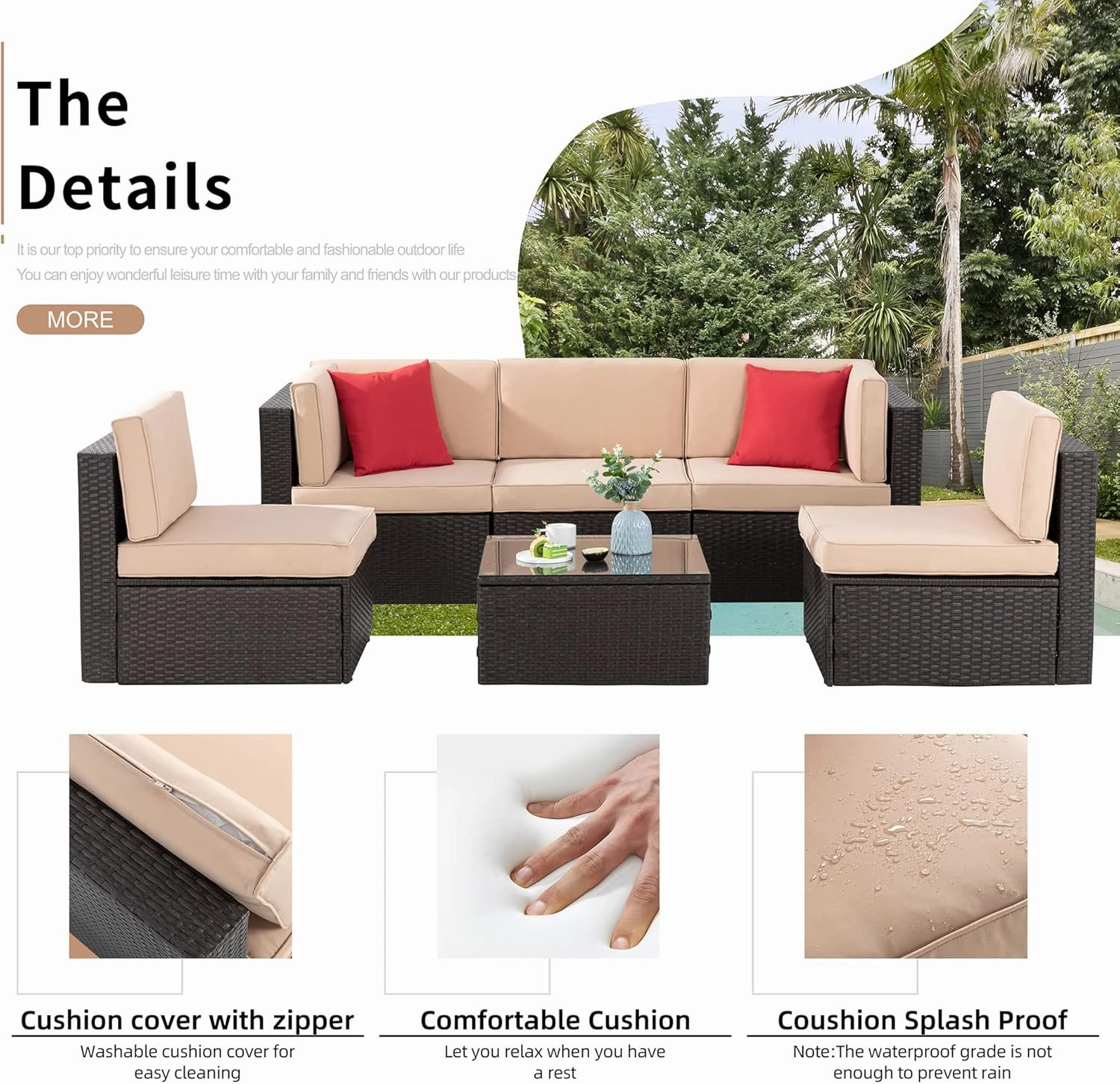 Shintenchi 6 Pieces Patio Furniture Sets Outdoor All-Weather Sectional Patio Sofa Set PE Rattan Manual Weaving Wicker Patio Conversation Set with Glass Table&Ottoman Cushion and Red Pillows, Beige