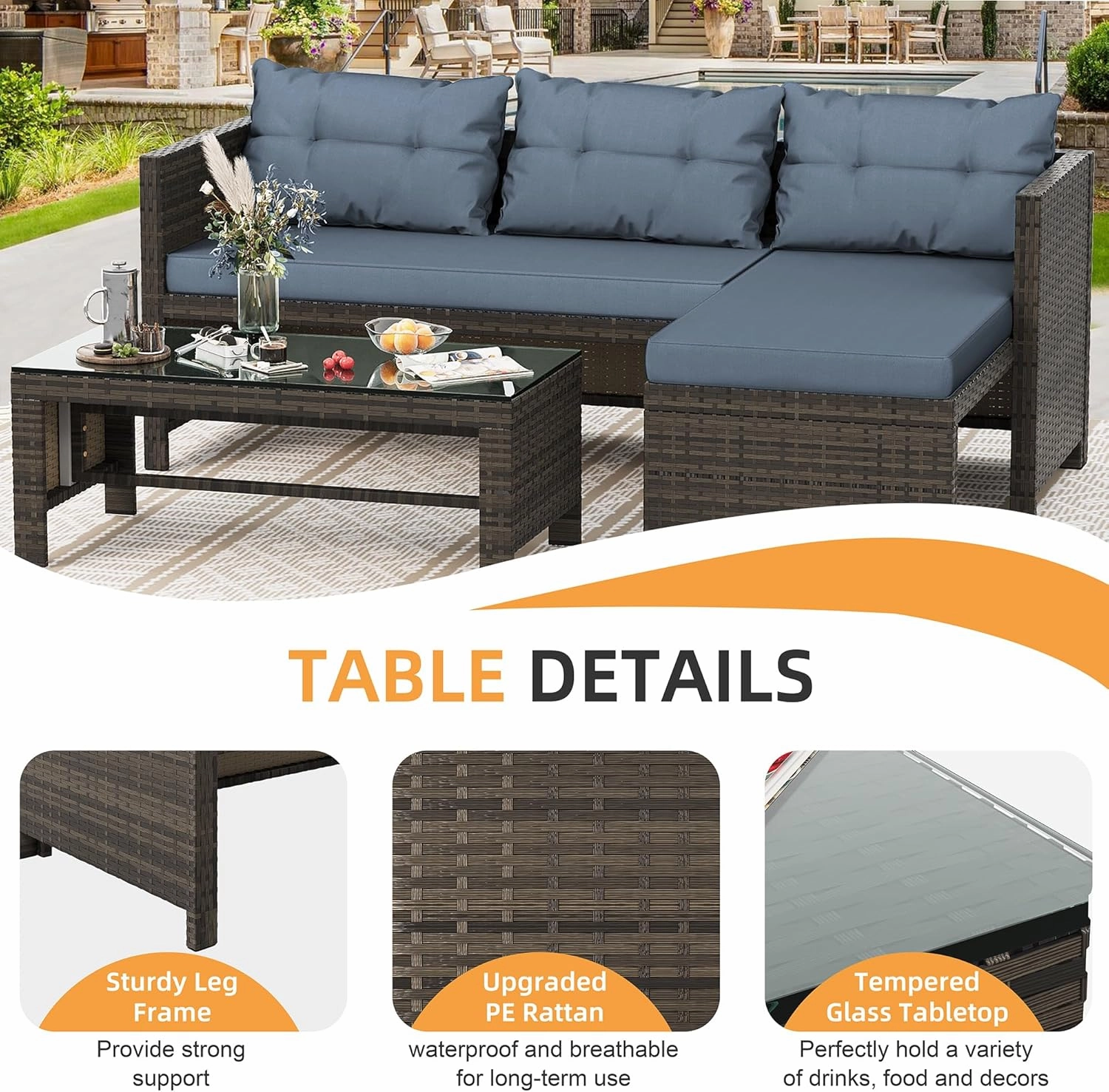 Shintenchi Outdoor Patio Furniture Sets, Wicker Patio sectional Sets 3-Piece, All Weather Wicker Rattan Patio Seating Sofas with Glass Coffee Table and Cushion (Blue)