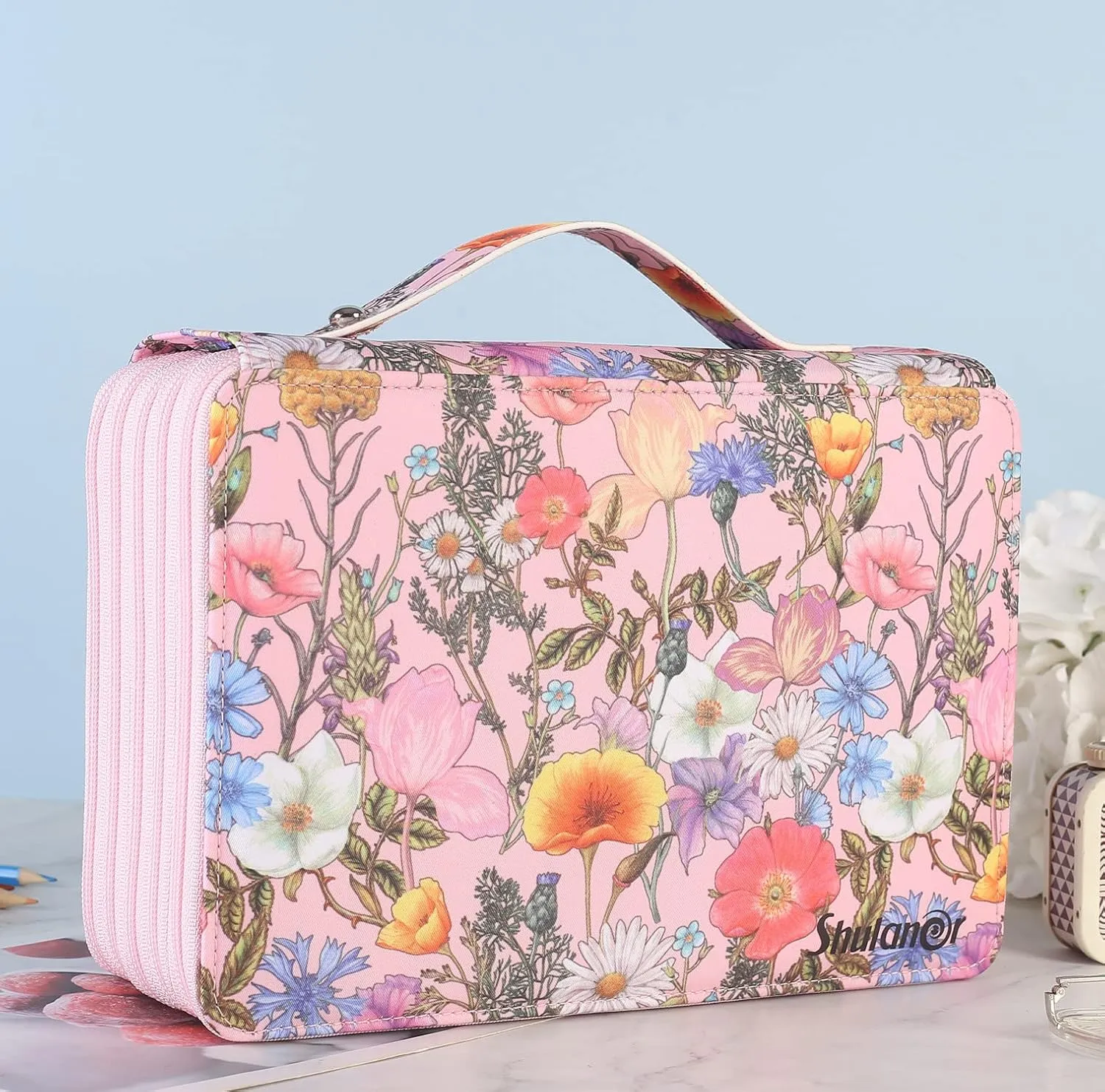 Shulaner 250 Slots Colored Pencil Case Organizer with Zipper Large Capacity Pen Holder Bag for Artist Pink Flower
