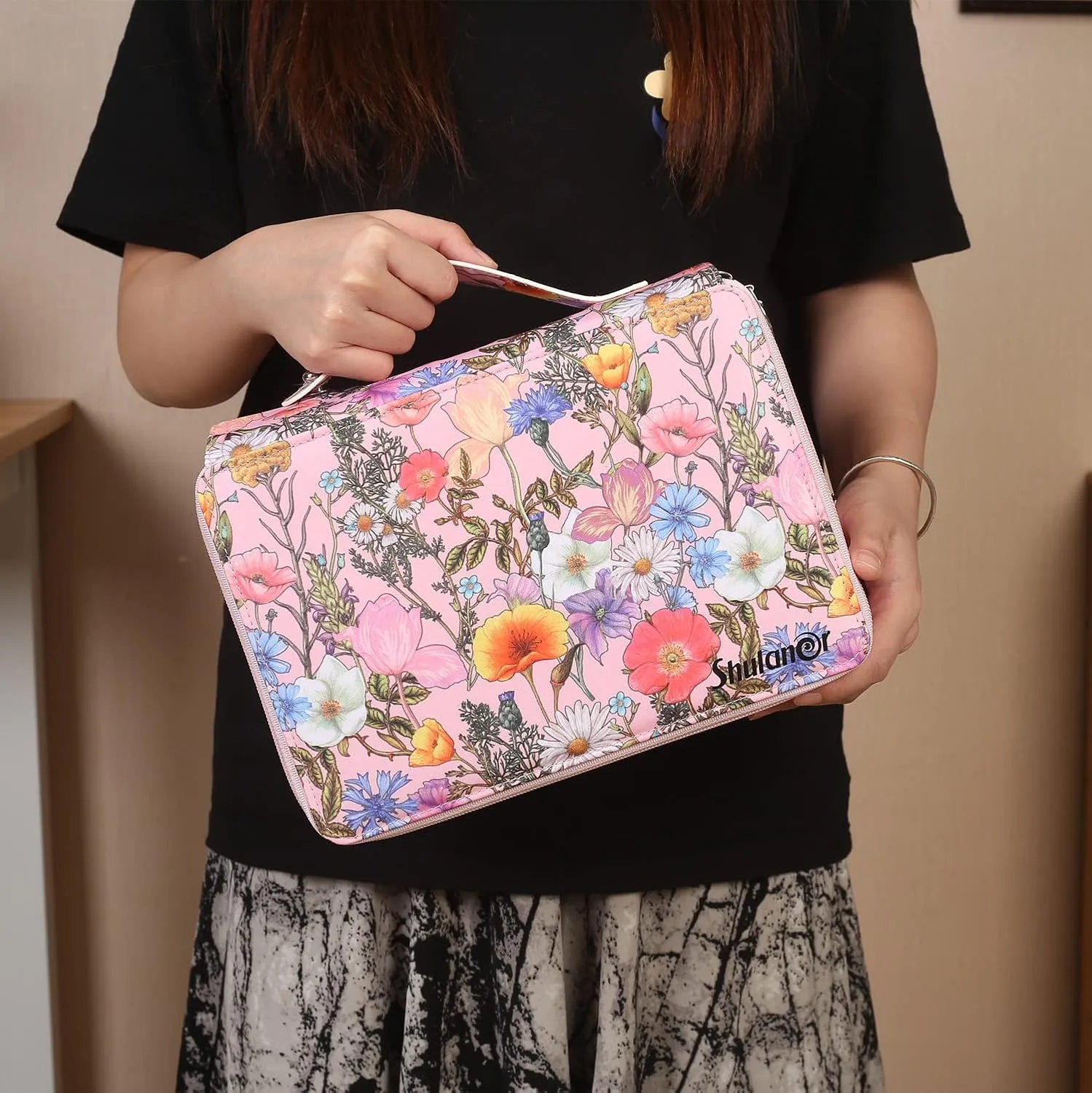Shulaner 250 Slots Colored Pencil Case Organizer with Zipper Large Capacity Pen Holder Bag for Artist Pink Flower