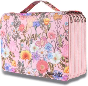 Shulaner 250 Slots Colored Pencil Case Organizer with Zipper Large Capacity Pen Holder Bag for Artist Pink Flower