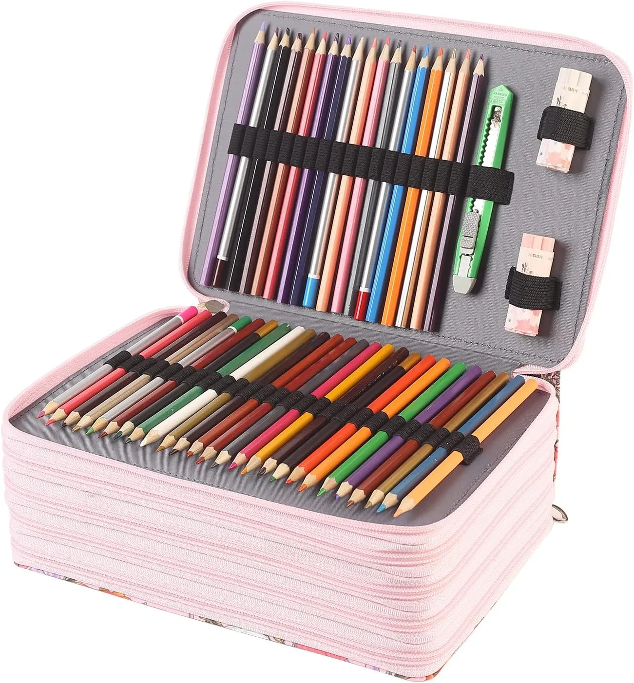 Shulaner 250 Slots Colored Pencil Case Organizer with Zipper Large Capacity Pen Holder Bag for Artist Pink Flower