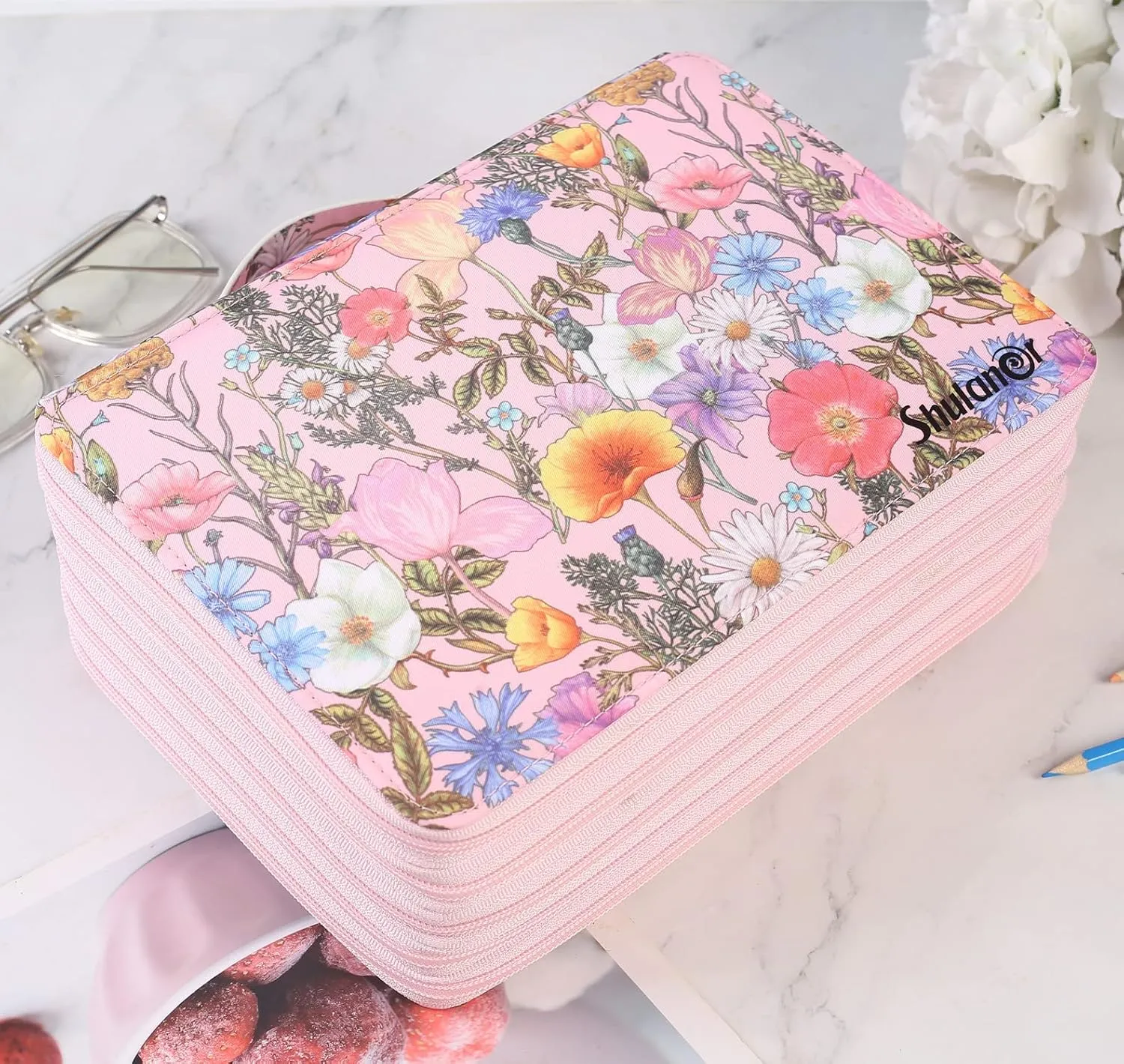 Shulaner 250 Slots Colored Pencil Case Organizer with Zipper Large Capacity Pen Holder Bag for Artist Pink Flower