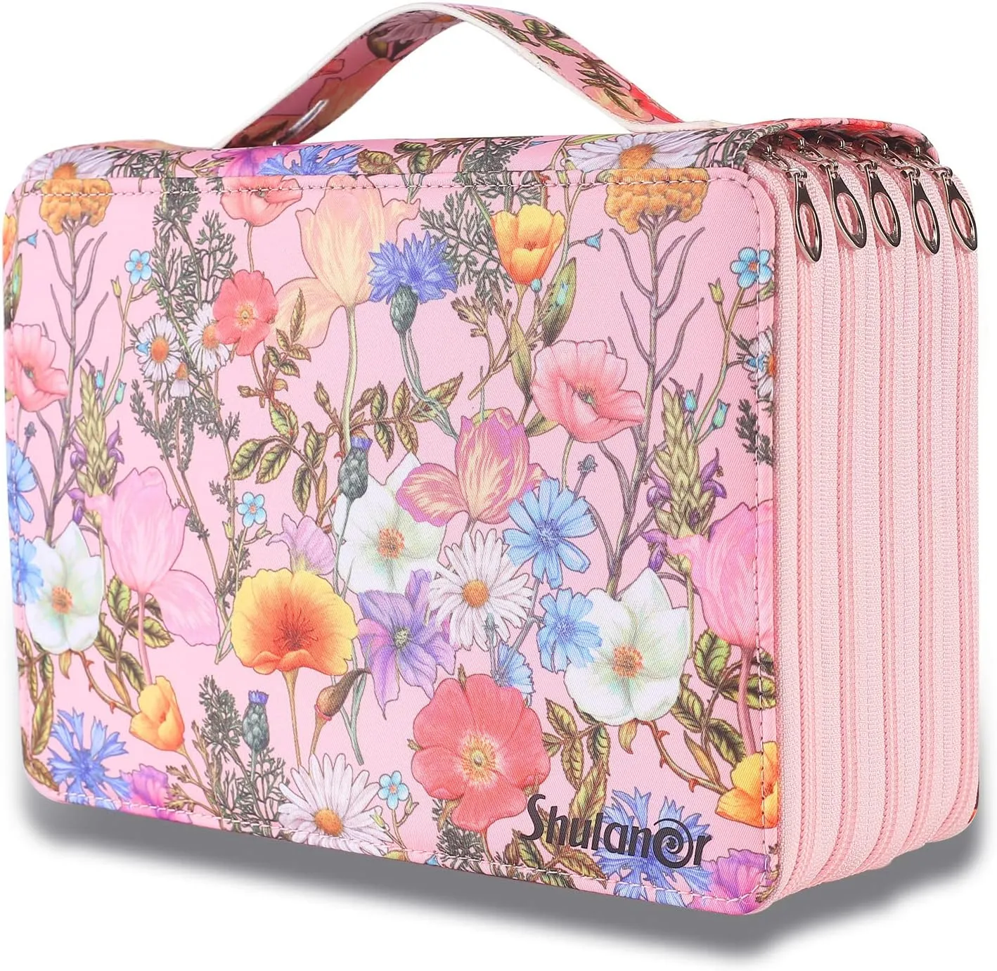 Shulaner 250 Slots Colored Pencil Case Organizer with Zipper Large Capacity Pen Holder Bag for Artist Pink Flower