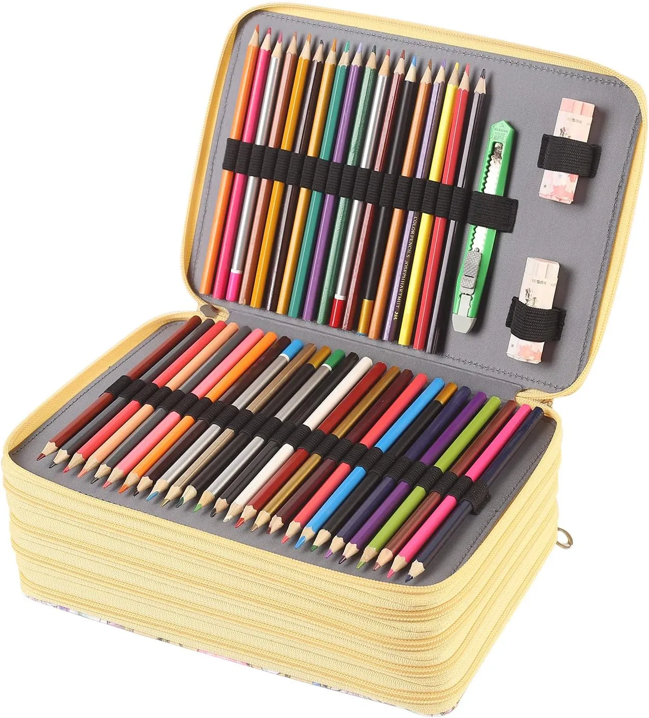 Shulaner 250 Slots Colored Pencil Case Organizer with Zipper Large Capacity Pen Holder Bag for Artist Yellow Flower