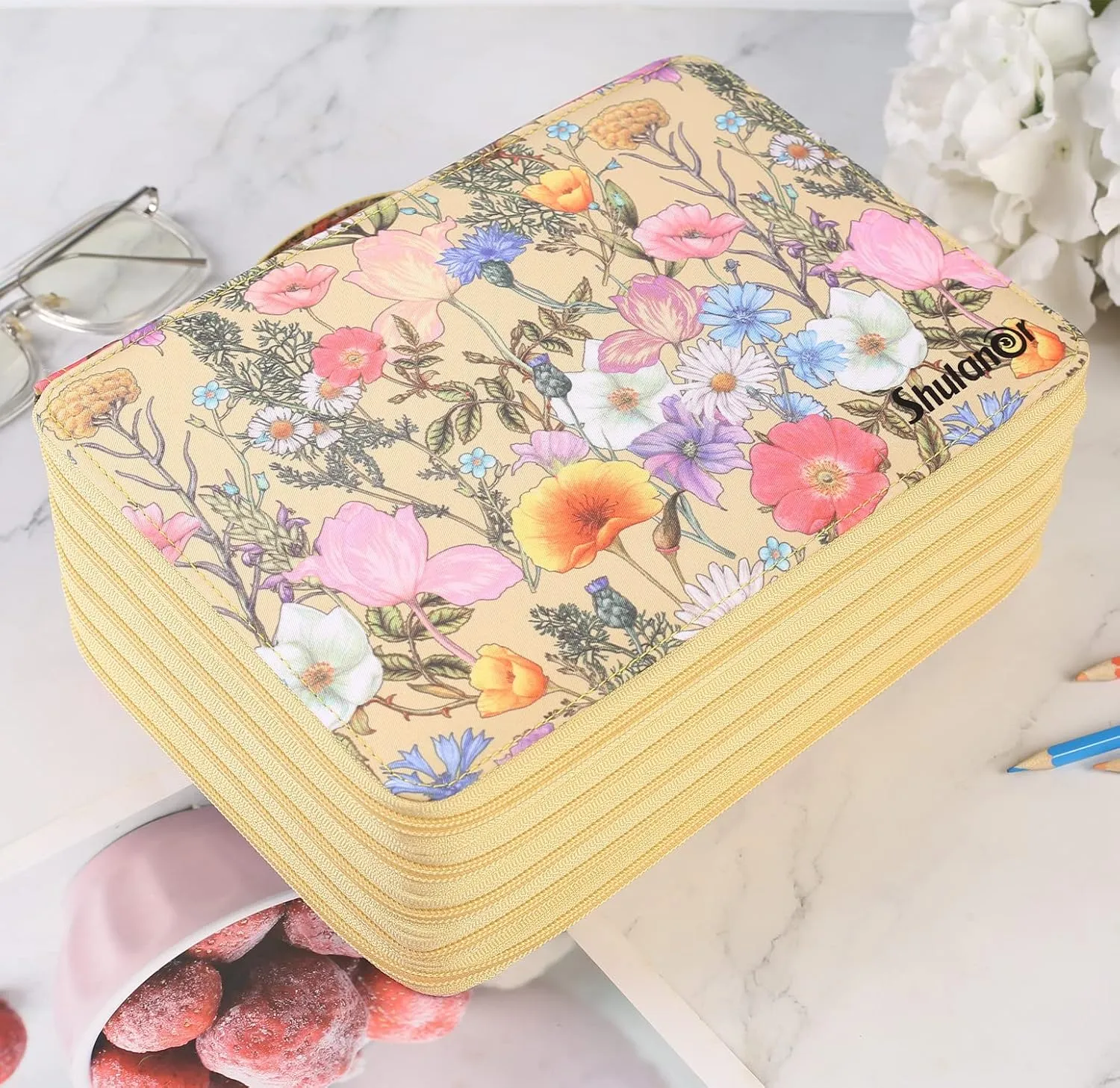 Shulaner 250 Slots Colored Pencil Case Organizer with Zipper Large Capacity Pen Holder Bag for Artist Yellow Flower