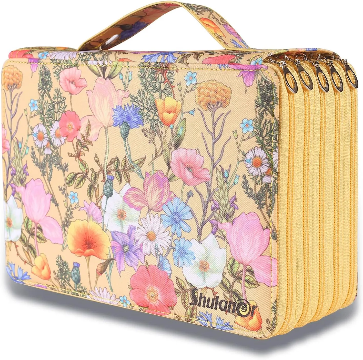 Shulaner 250 Slots Colored Pencil Case Organizer with Zipper Large Capacity Pen Holder Bag for Artist Yellow Flower