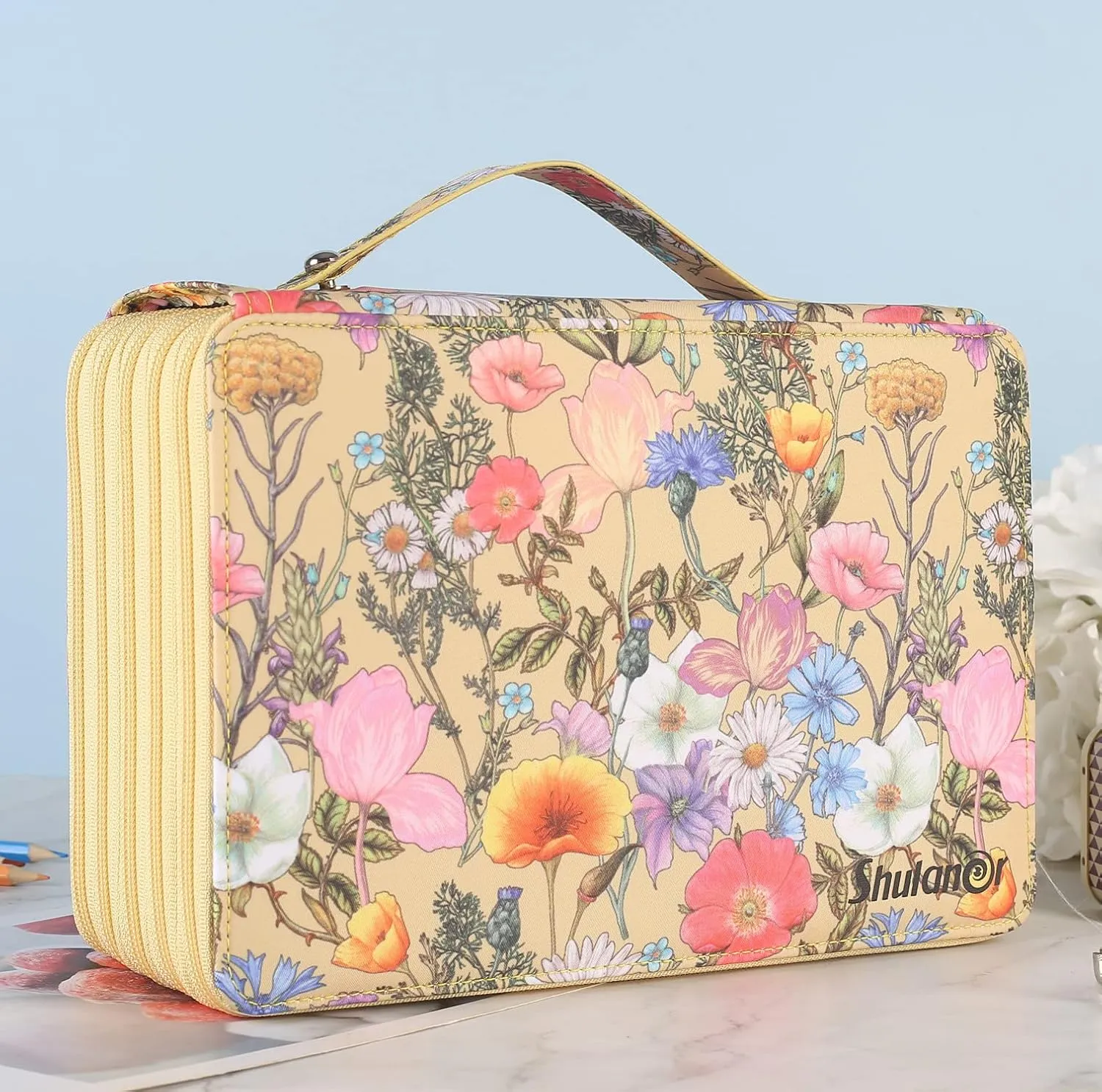 Shulaner 250 Slots Colored Pencil Case Organizer with Zipper Large Capacity Pen Holder Bag for Artist Yellow Flower