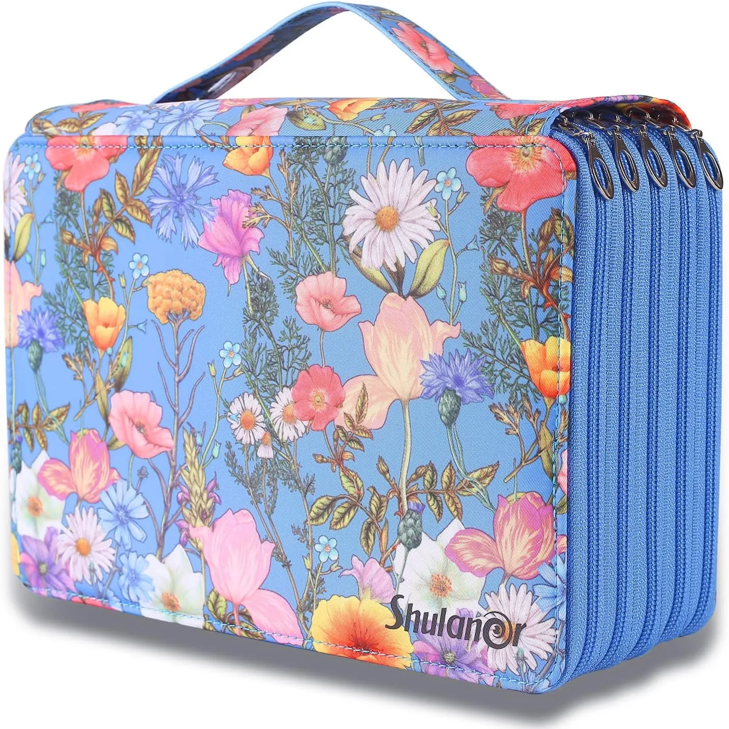 Shulaner 250 Slots Colored Pencil Case Organizer with Zipper Large Capacity Pen Holder Bag for Painter or Artist Blue Flower