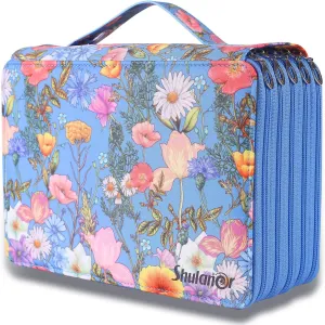 Shulaner 250 Slots Colored Pencil Case Organizer with Zipper Large Capacity Pen Holder Bag for Painter or Artist Blue Flower