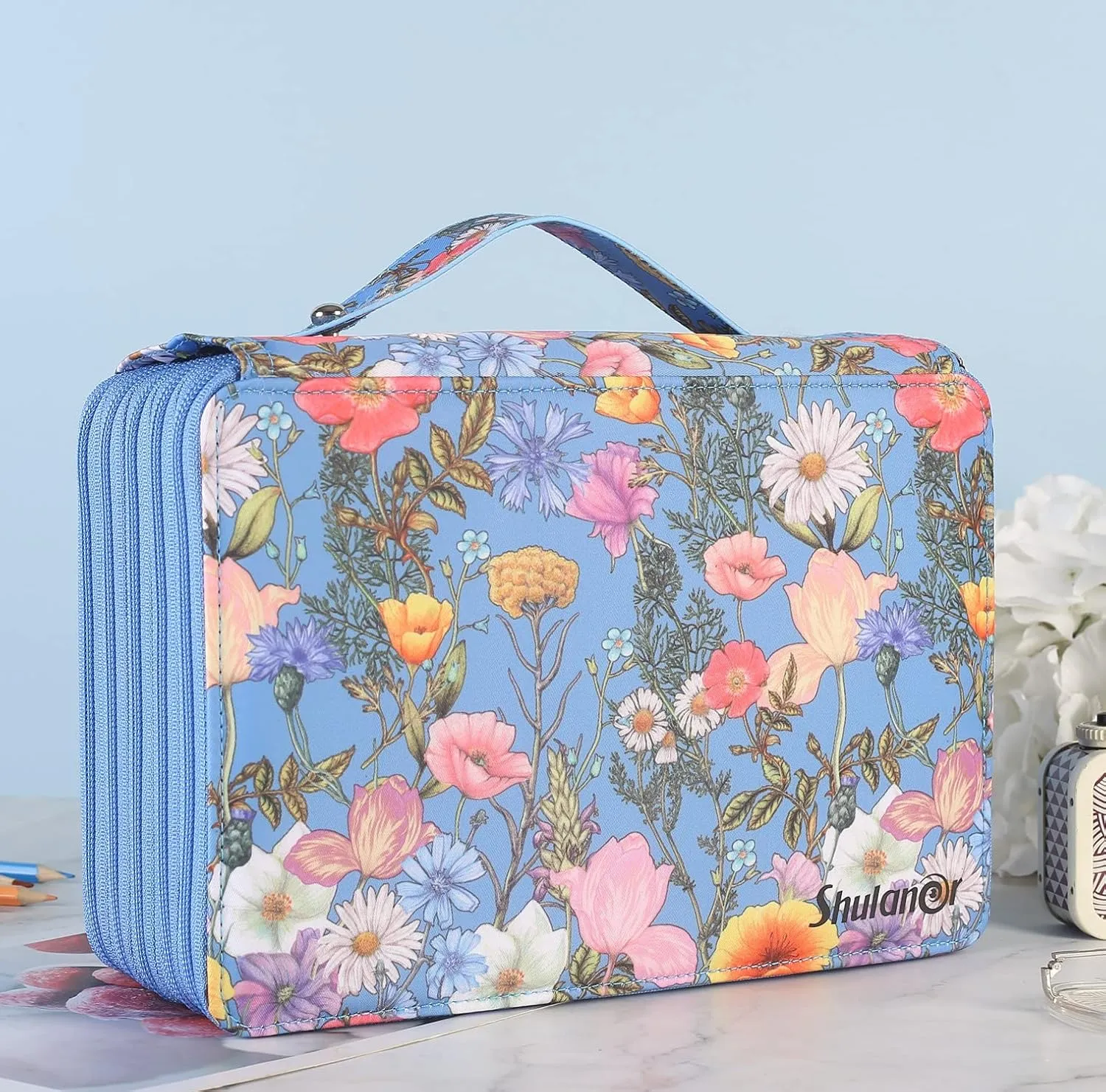 Shulaner 250 Slots Colored Pencil Case Organizer with Zipper Large Capacity Pen Holder Bag for Painter or Artist Blue Flower