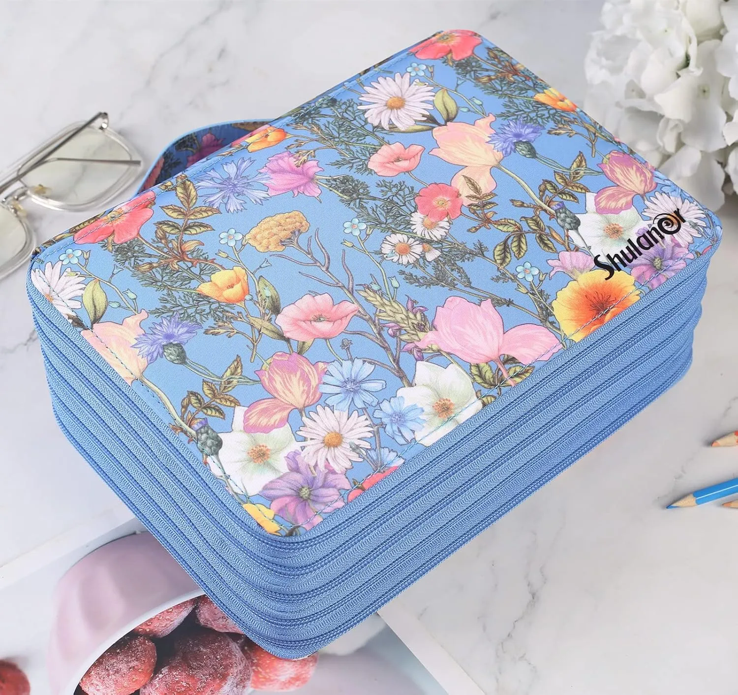 Shulaner 250 Slots Colored Pencil Case Organizer with Zipper Large Capacity Pen Holder Bag for Painter or Artist Blue Flower