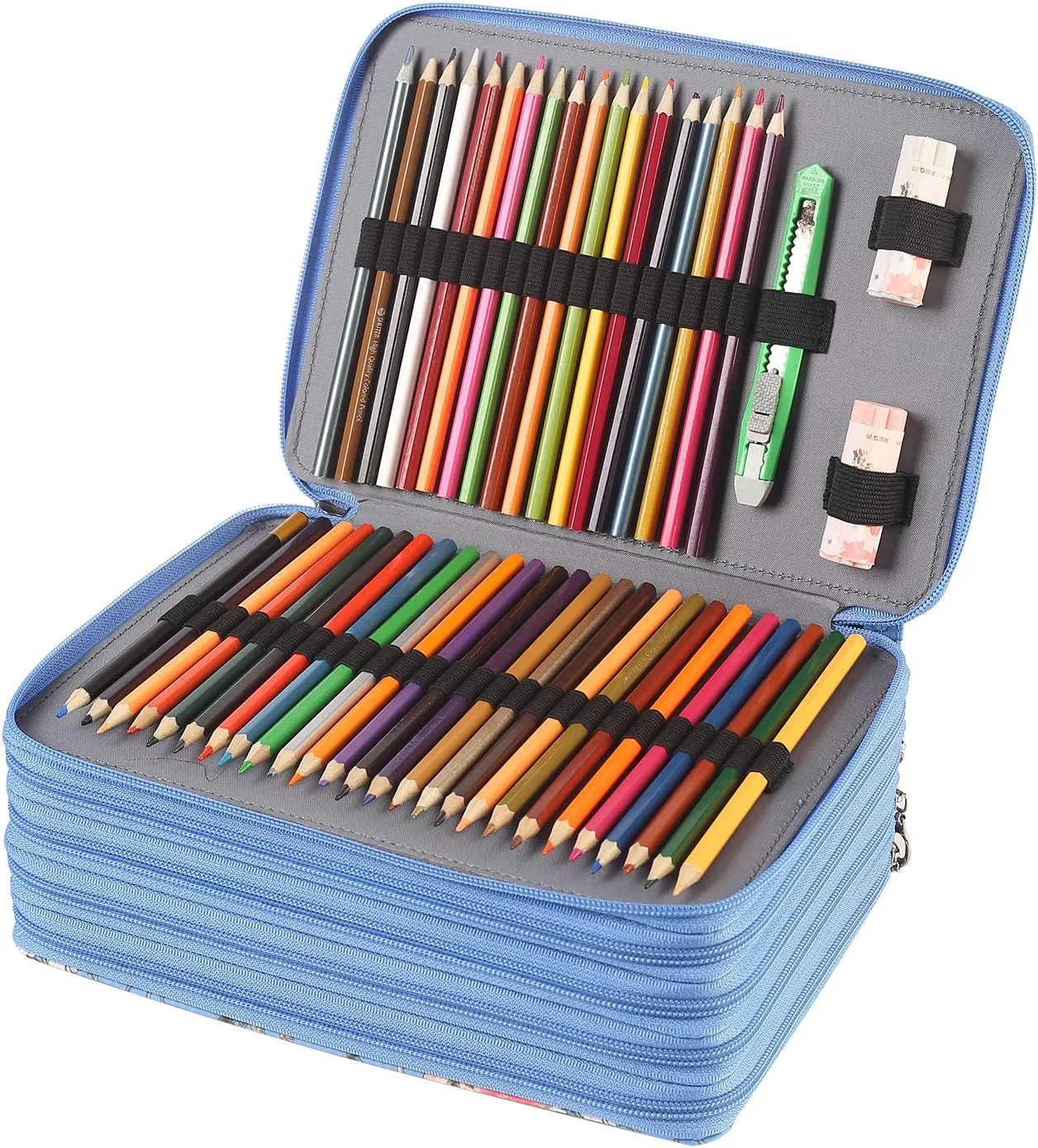 Shulaner 250 Slots Colored Pencil Case Organizer with Zipper Large Capacity Pen Holder Bag for Painter or Artist Blue Flower