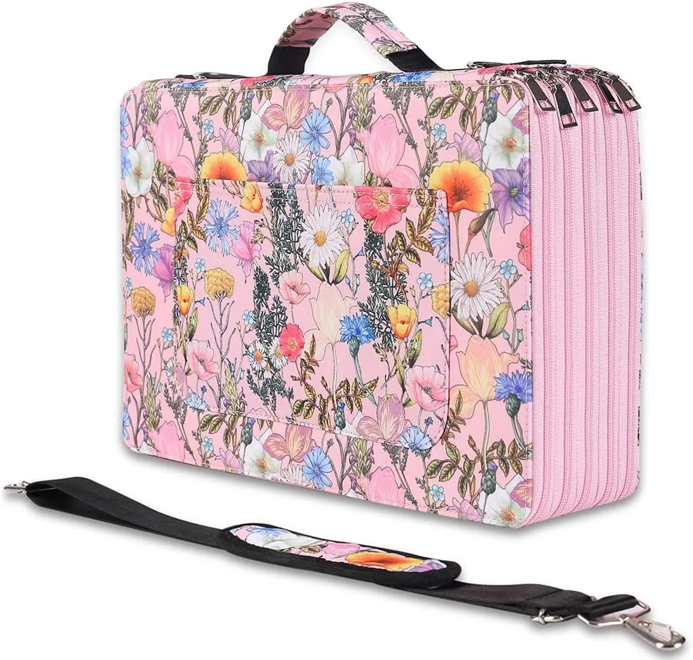 Shulaner 500 Slots Colored Pencil Case Organizer with Zipper Large Capacity Flower Pen Holder Bag for Painter or Artist (Pink, Small Slots)
