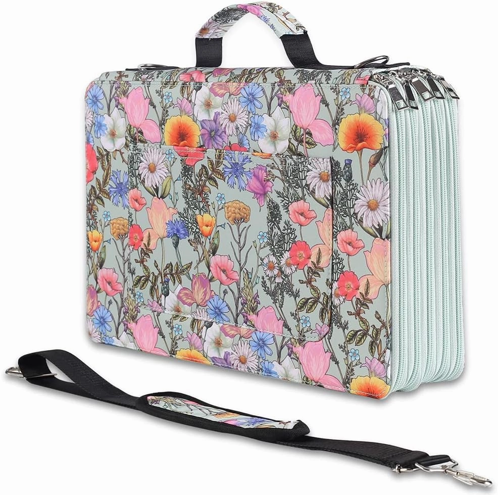 Shulaner 500 Slots Colored Pencil Case Organizer with Zipper Large Capacity Flower Pen Holder Bag for Painter or Artist (Green, Small Slots)