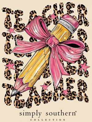 Simply Southern Teacher - Pencil - Pink Bow - Leopard Print - Adult T-Shirt