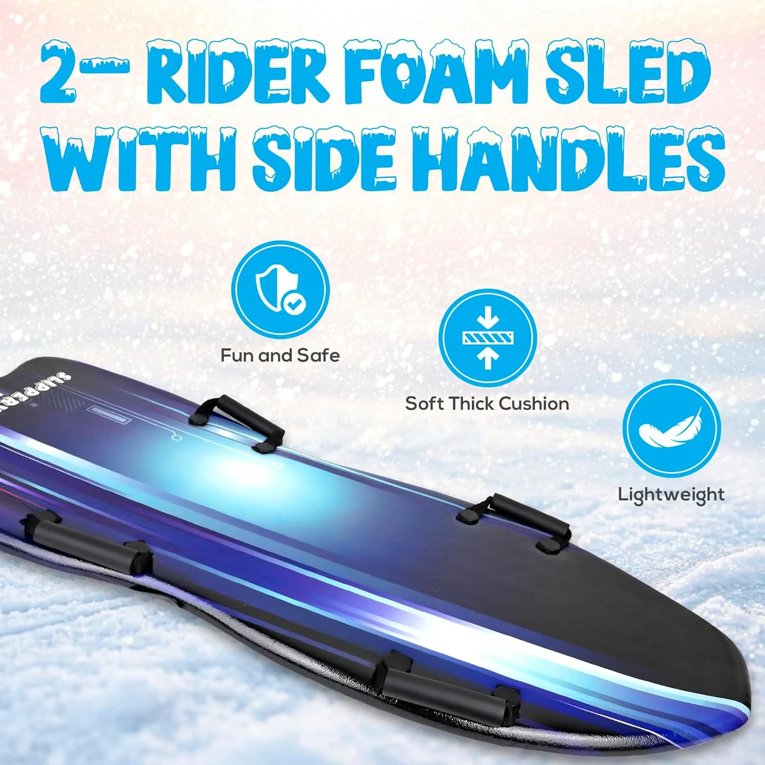 Slippery Racer Downhill Falcon Adults and Kids Foam Toboggan Snow Sled for Up to 2 Riders with Handles, Midnight Hologram Blue