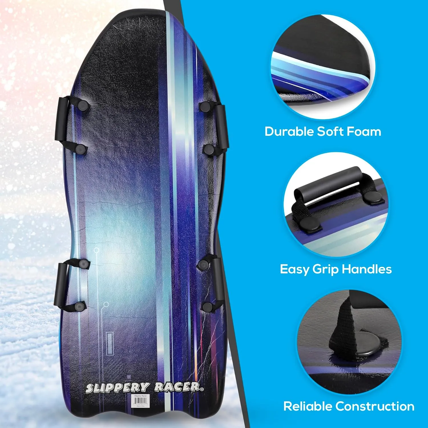 Slippery Racer Downhill Falcon Adults and Kids Foam Toboggan Snow Sled for Up to 2 Riders with Handles, Midnight Hologram Blue