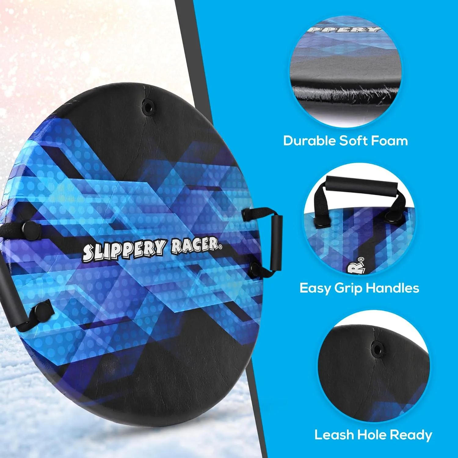 Slippery Racer Downhill Zeus Adults and Kids Foam Saucer Disc 1 Rider Snow Sled Toboggan with Handles, Midnight Hologram