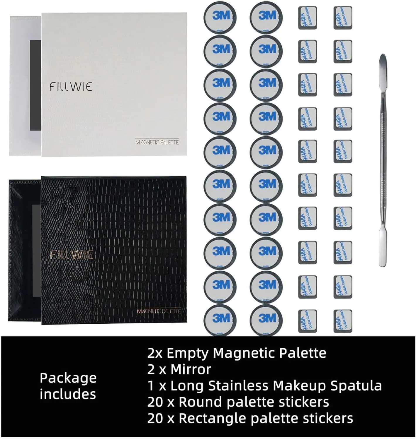 Small Empty Magnetic Makeup Palette with Mirror, 2Pack Palettes, Long Spatula, 20 Metal Stickers, Suitable for Eyeshadow Lipstick Blush Powder Highlighter and Contour (Black and White, Small)