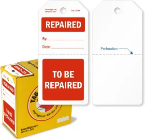 SmartSign 100-Pack Repaired/to Be Repaired Two-Part Tags, Perforated Write-On Tags in Dispenser Box, Blank Fields for Repair/Service Details, 6.25" x 3", 10 mil Plastic, Waterproof, Red and White