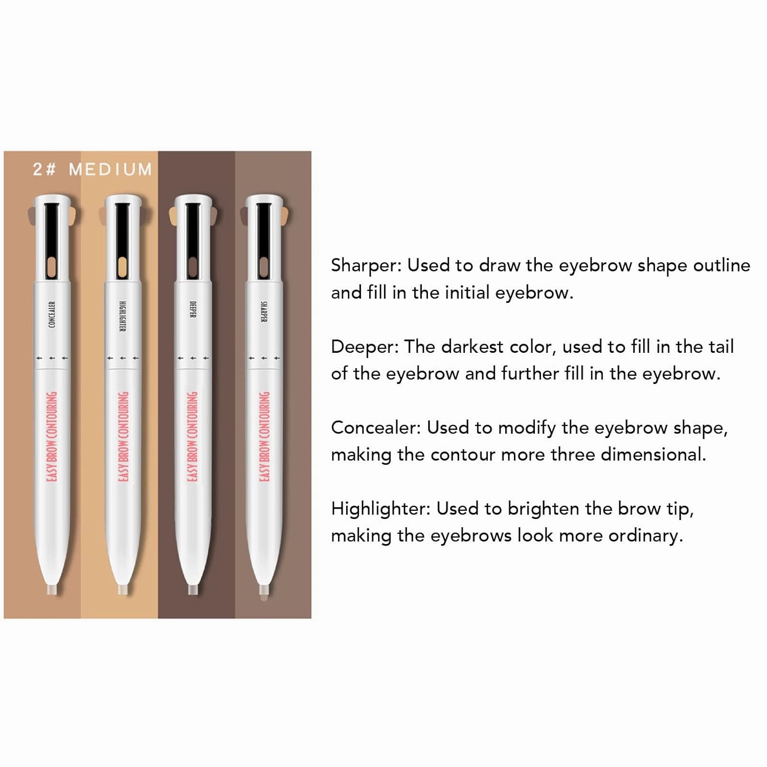 Sonew 4 In1 Eyebrow Contour Highlight Pen, Waterproof ing Eyebrow Tint Pen Brow Defining Pencil Eye Makeup Beauty Tool for Women Girls (2# Medium)