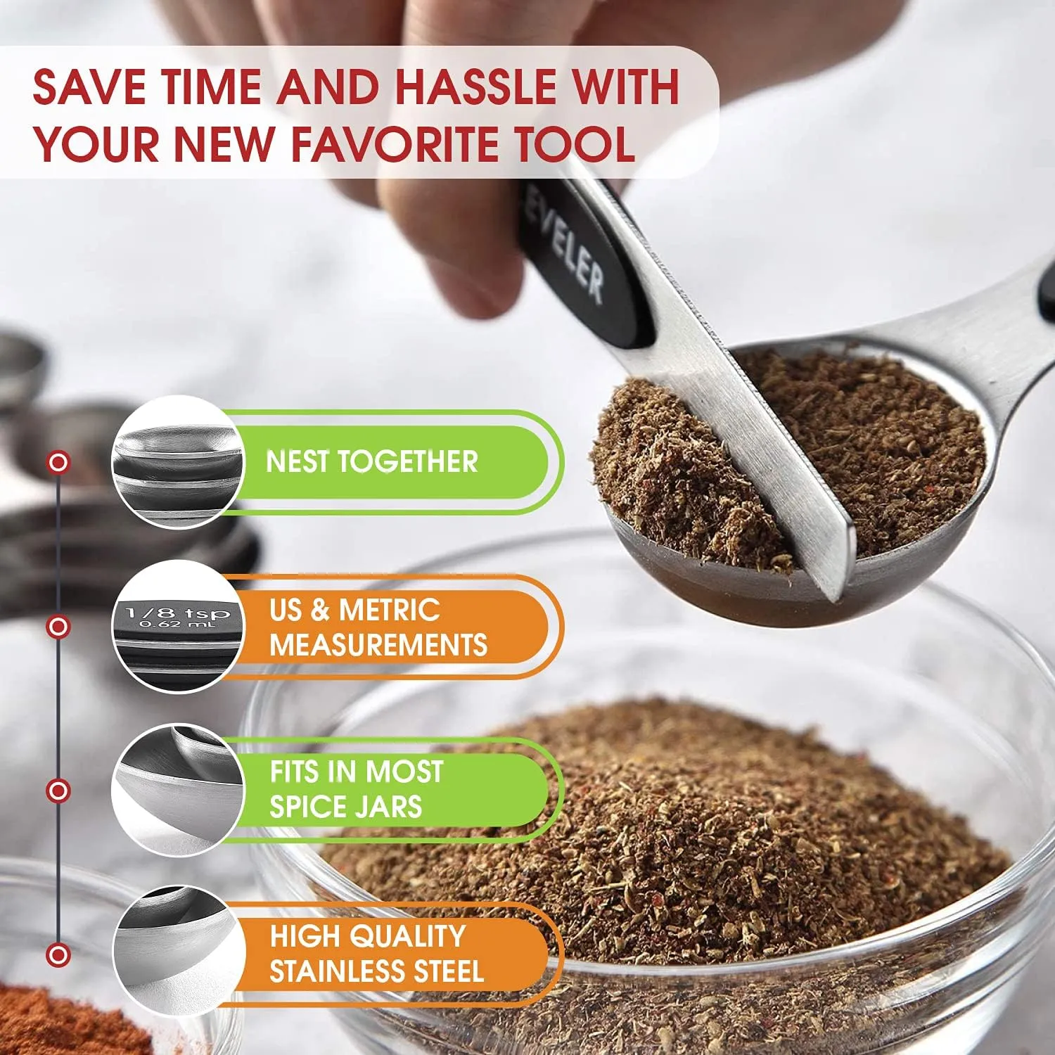 Spring Chef Stainless Steel Magnetic Measuring Spoons Set of 8 with Leveler, Dual Sided Metal Teaspoon & Tablespoon Measuring Spoons, Nesting Kitchen Gadgets for Baking & Cooking - 2 Pack - Black