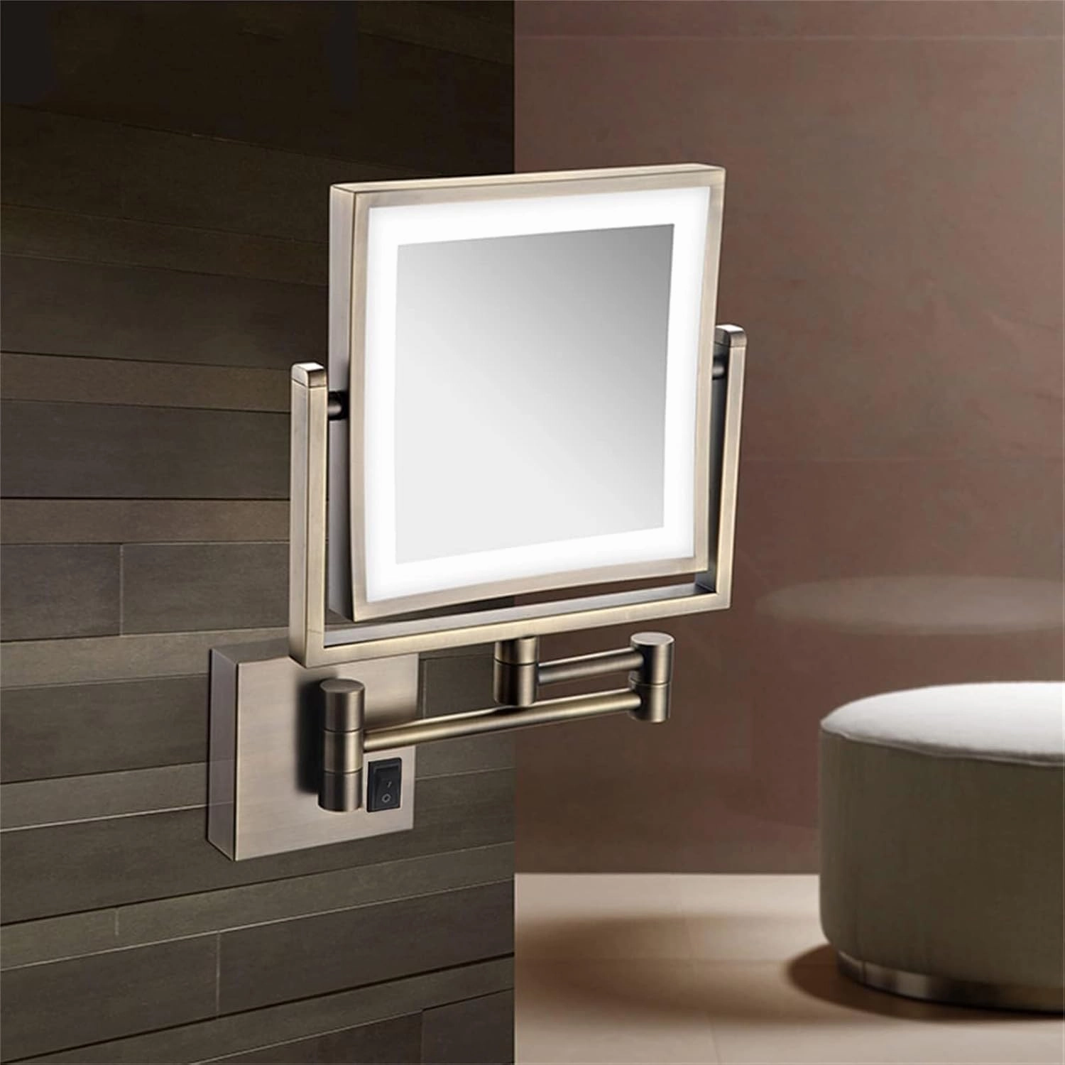 Square LED Makeup Mirror with 1X/3X Magnification, Wall-Mounted Brass Vanity Mirror, 360° Rotation Extendable Arm, USB Rechargeable(Black)