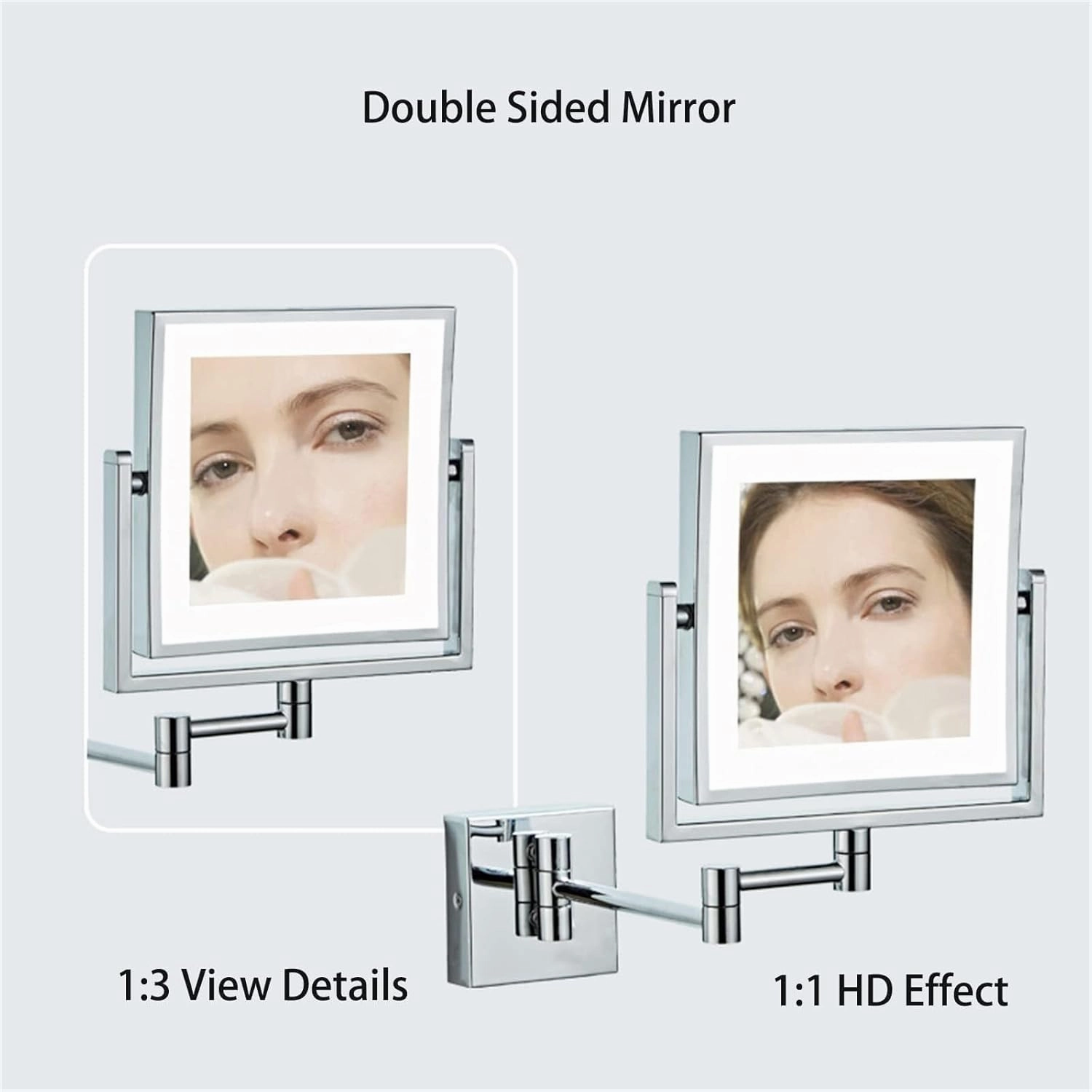 Square LED Makeup Mirror with 1X/3X Magnification, Wall-Mounted Brass Vanity Mirror, 360° Rotation Extendable Arm, USB Rechargeable(Black)
