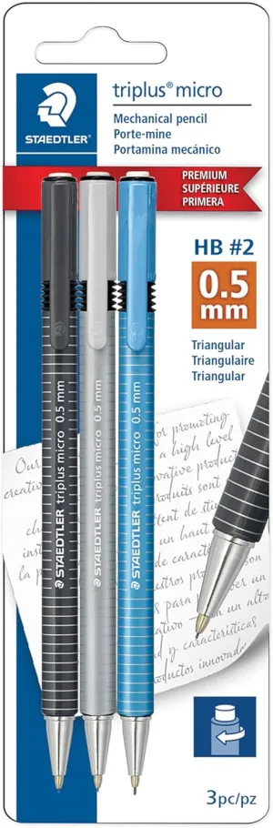Staedtler triplus micro 0.5mm Lead Retractable Mechanical Pencil with Twist Eraser, Writing, Drawing, Drafting, 3-Pack, 77425BK3A6