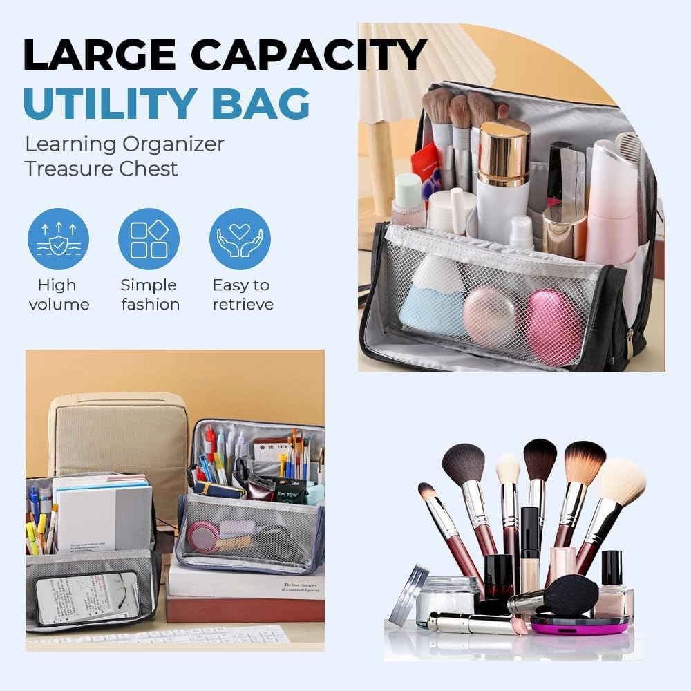 Standing Makeup Bag, 2025 New Upgraded Portable Large Capacity Pencil Cases, Multi-Purpose Waterproof Office Storage Makeup Bag Organizer with Compartments (Wine Red)
