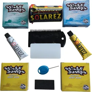 Sticky Bumps Wax plus Solarez UV Cure Resin Ding Repair Kit plus 2 Bars of Tropical, 1 Base Coat, 1 Cool and a Flexcomb to Clean your Board