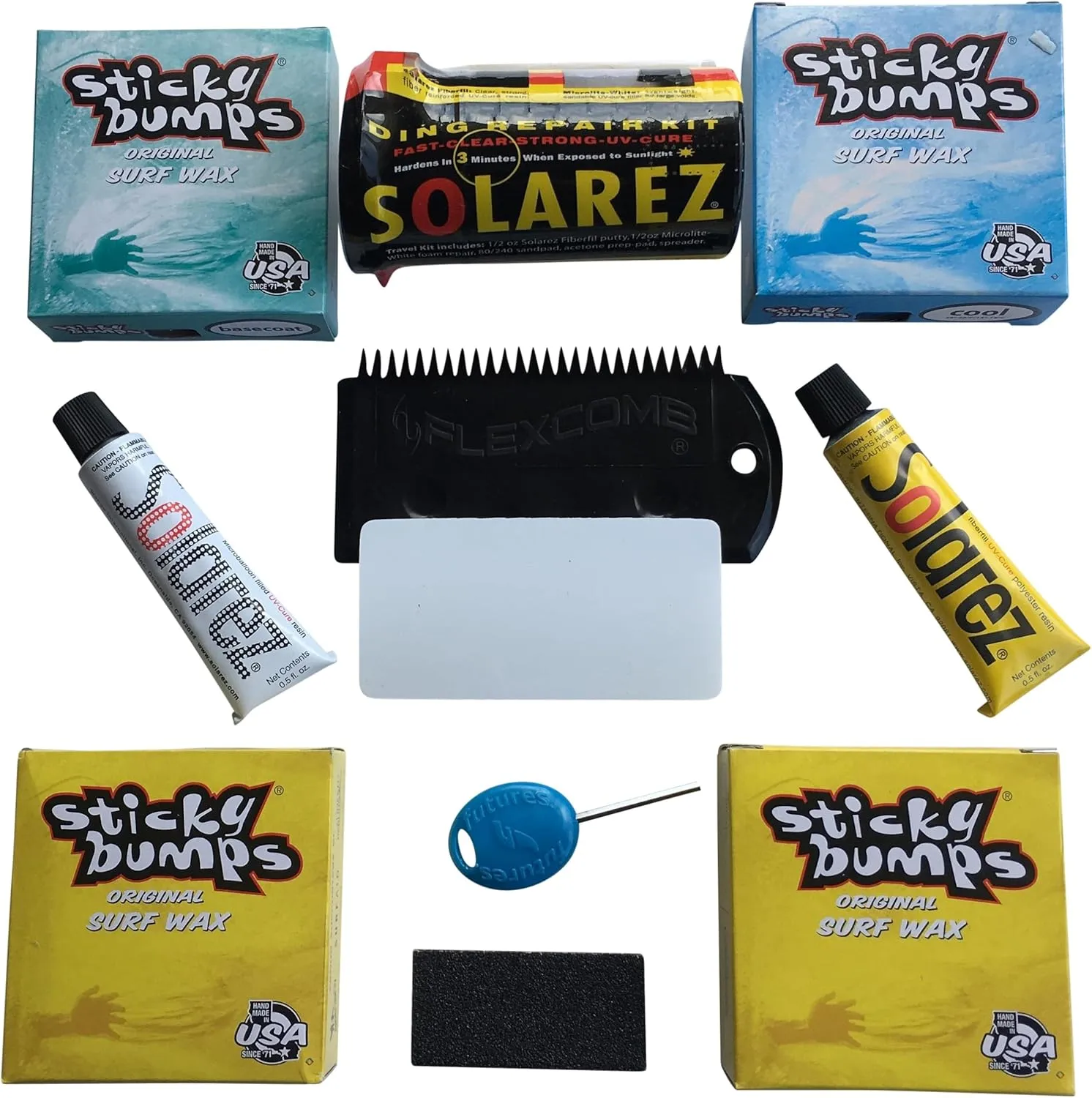 Sticky Bumps Wax plus Solarez UV Cure Resin Ding Repair Kit plus 2 Bars of Tropical, 1 Base Coat, 1 Cool and a Flexcomb to Clean your Board