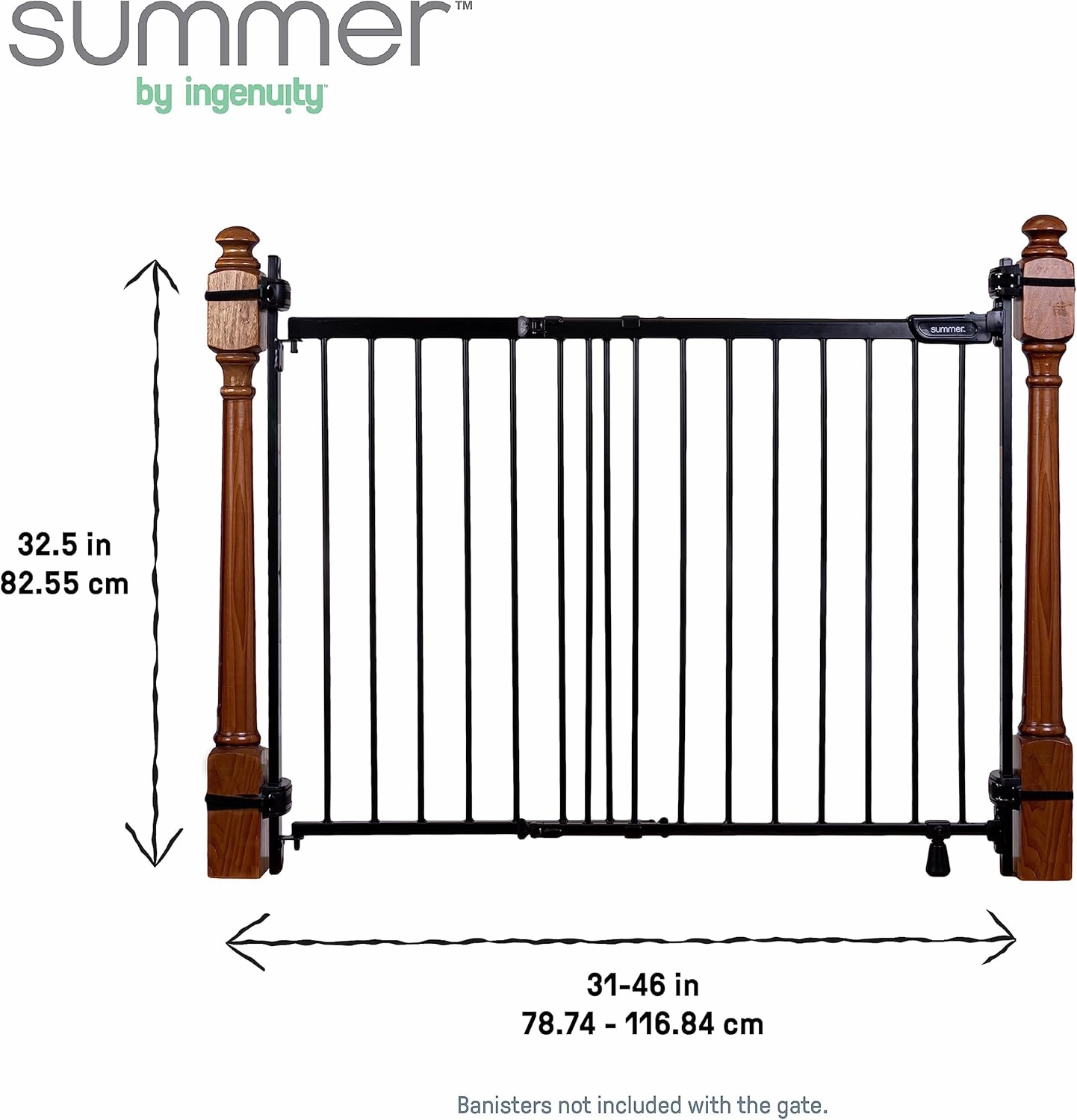 Summer Infant Metal Banister & Stair Safety Baby Gate, 31'-46' Wide, 32.5' Tall, Banister & Wall Mount, Black