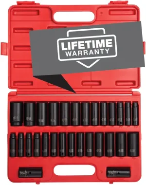 SUNEX TOOLS 5153DD, 1/2 Inch Drive Master Impact Socket Set, Double Deep, 29-Piece, SAE/Metric, 7/16"-1-1/4", 10mm-27mm, Cr-Mo Steel, Radius Corner Design, Dual Size Markings, Heavy Duty Storage Case