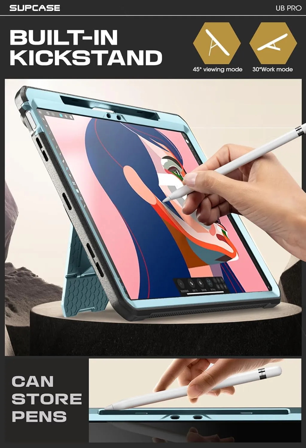 SUPCASE for iPad Air 13 Inch Case M3/M2 (2025/2024) with Pencil Holder (Unicorn Beetle Pro), [Built-in Screen Protector & Stand] [Military-Grade Protection] Rugged Cover for iPad Air 13 Inch, Arctic