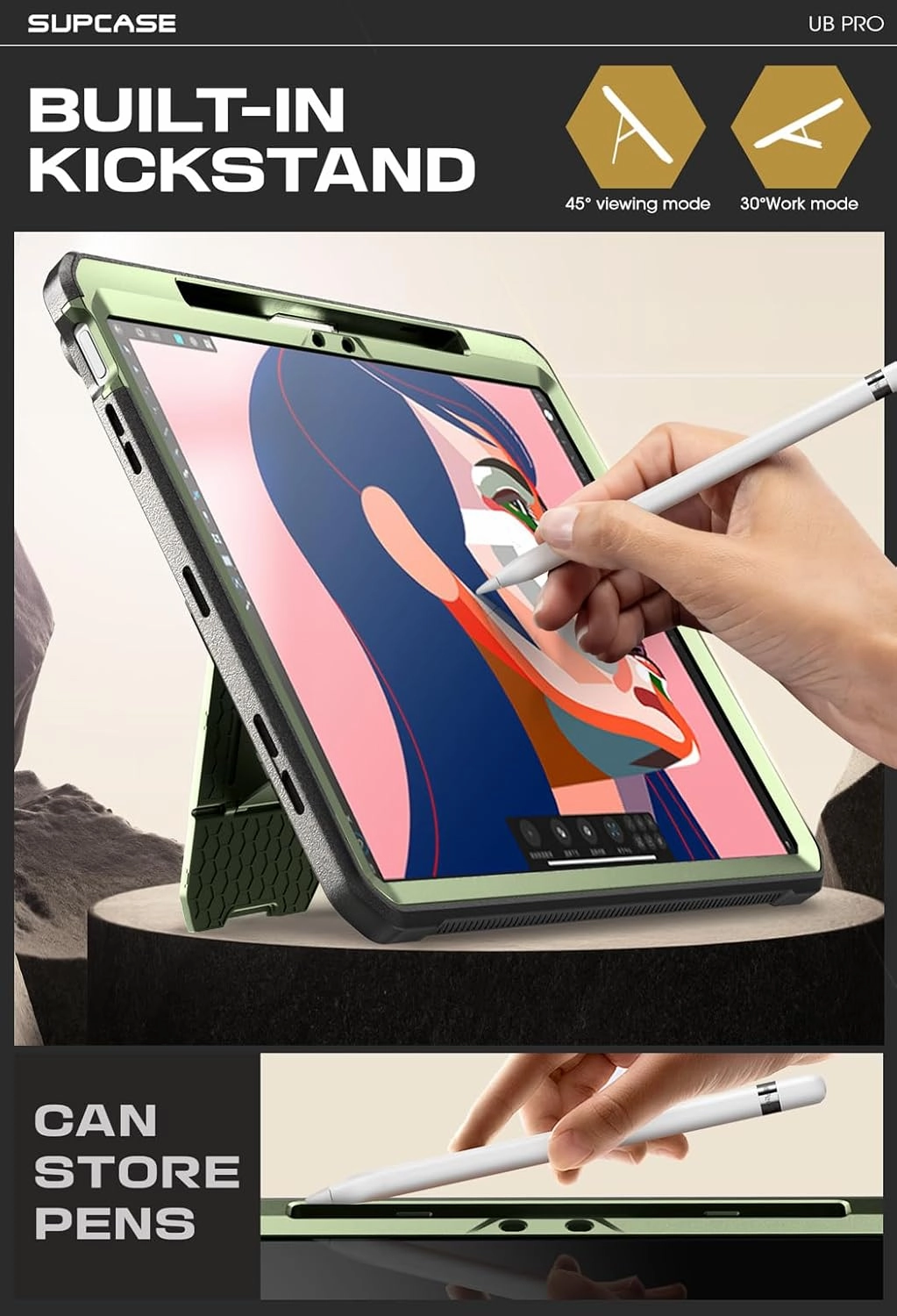 SUPCASE for iPad Air 13 Inch Case M3/M2 (2025/2024) with Pencil Holder (Unicorn Beetle Pro), [Built-in Screen Protector & Stand] [Military-Grade Protection] Rugged Cover for iPad Air 13 Inch, Guldan