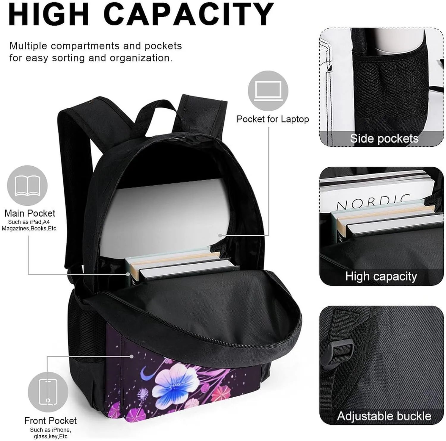 Supdreamc 3 Piece Backpack Sets Magic Flowers Ocean Jellyfish Pattern Travel Hiking Bag & Day Pack - Multipurpose Shoulder Bag Lunch Bag Pencil Case for College Men and Women
