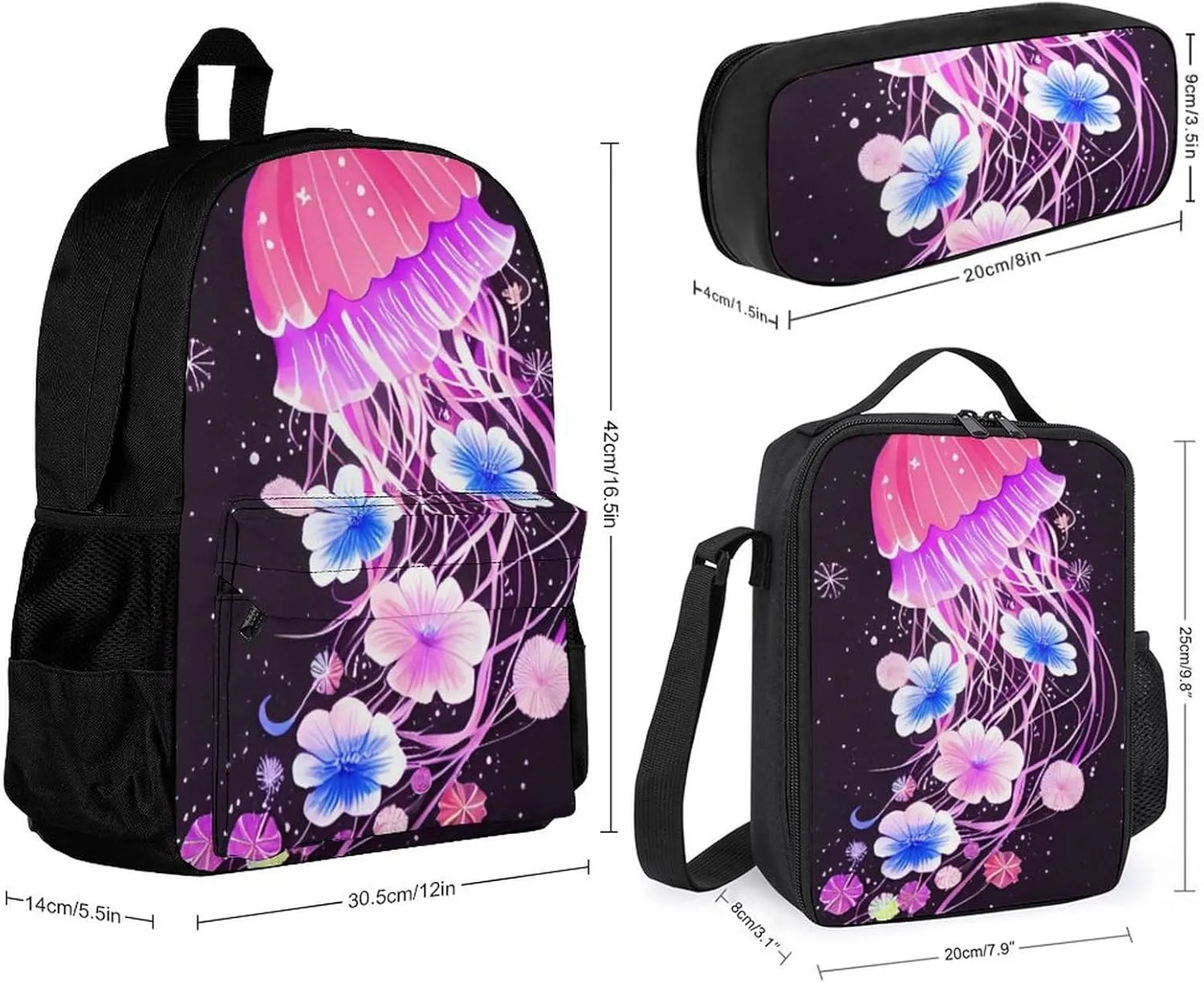 Supdreamc 3 Piece Backpack Sets Magic Flowers Ocean Jellyfish Pattern Travel Hiking Bag & Day Pack - Multipurpose Shoulder Bag Lunch Bag Pencil Case for College Men and Women